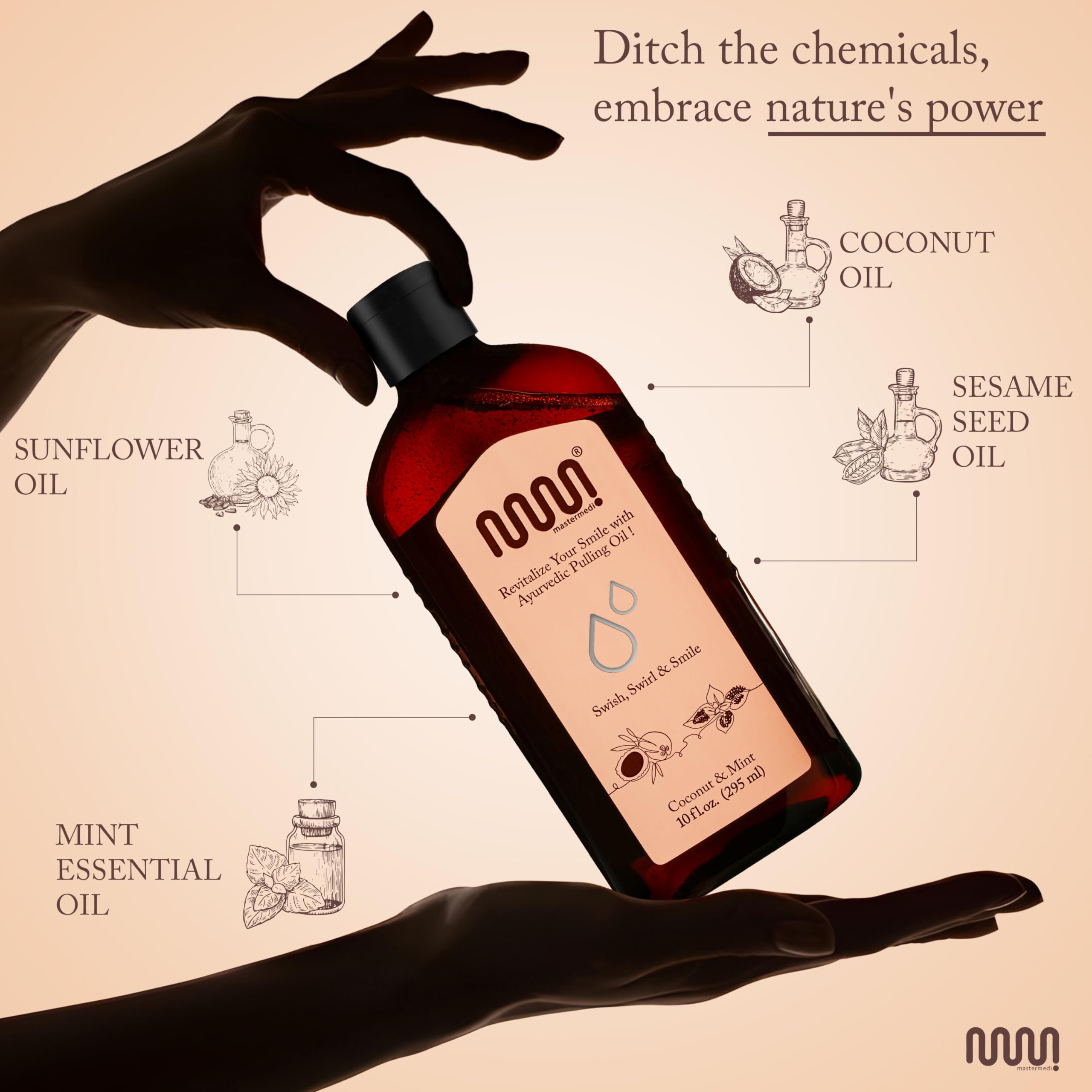 MasterMedi Coconut Oil Pulling Mouthwash with Tongue Scraper – Alcohol Free, 10 Fl Oz