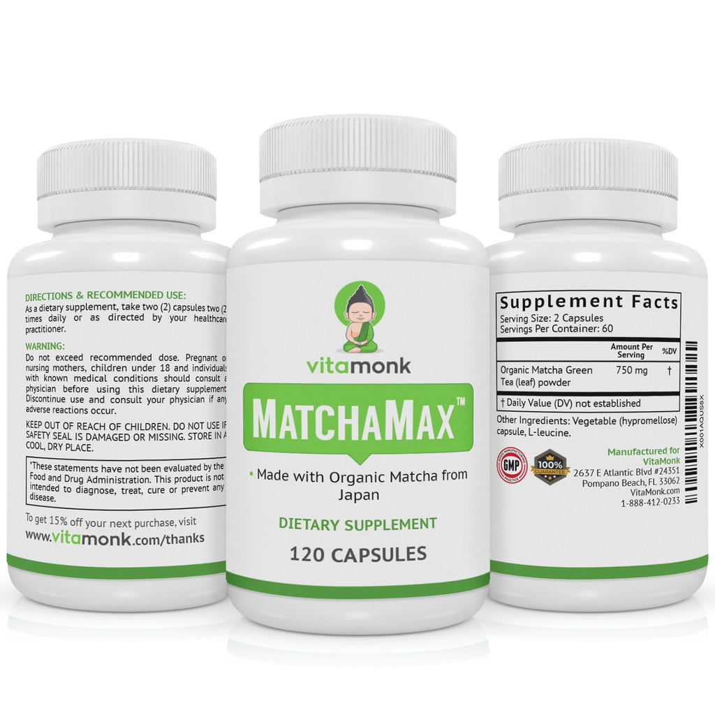 MATCHAMAX Organic Japanese Matcha Capsules | Pure Organic Green Tea Pills for Energy, Calm Focus & Antioxidants | Vegan | 120ct