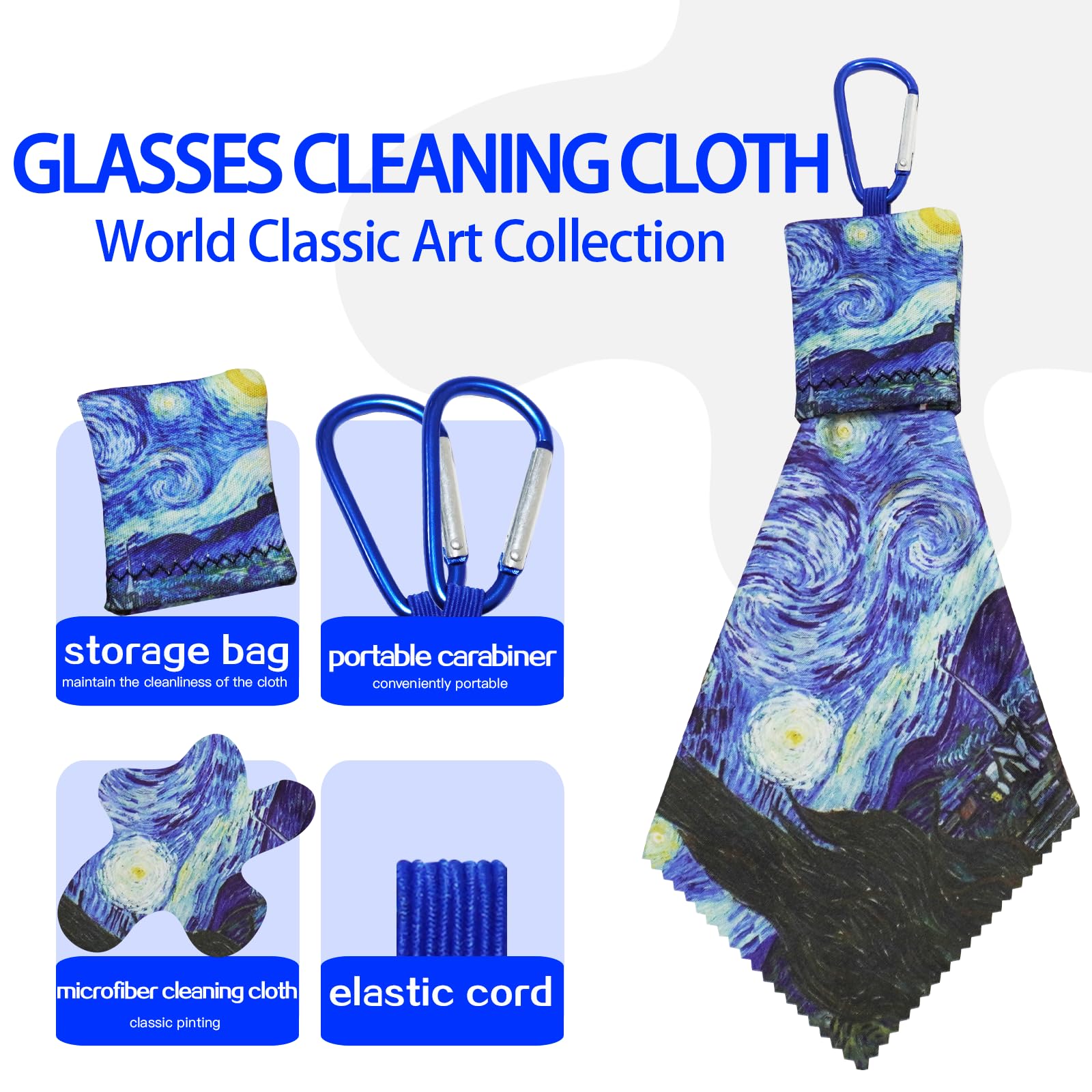 4Pcs Glasses Cleaning Cloth – Art Print Microfiber, Pouch & Clip-On