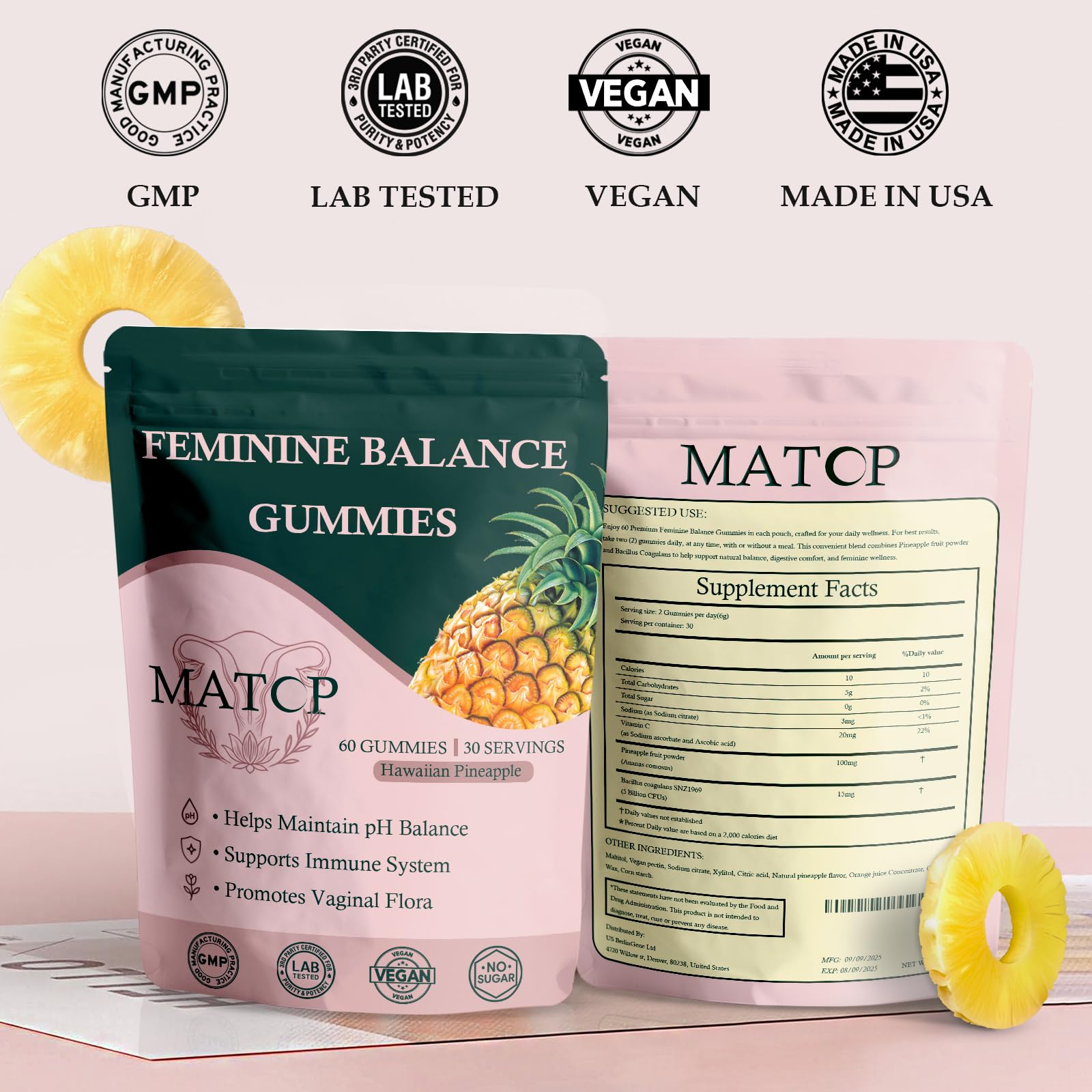 MATOP Premium Feminine Balance Gummies for Women - pH Balance, Vaginal Probiotic, Pineapple Flavor | Vegan & Gluten-Free | 60 Gummies (30 Servings)