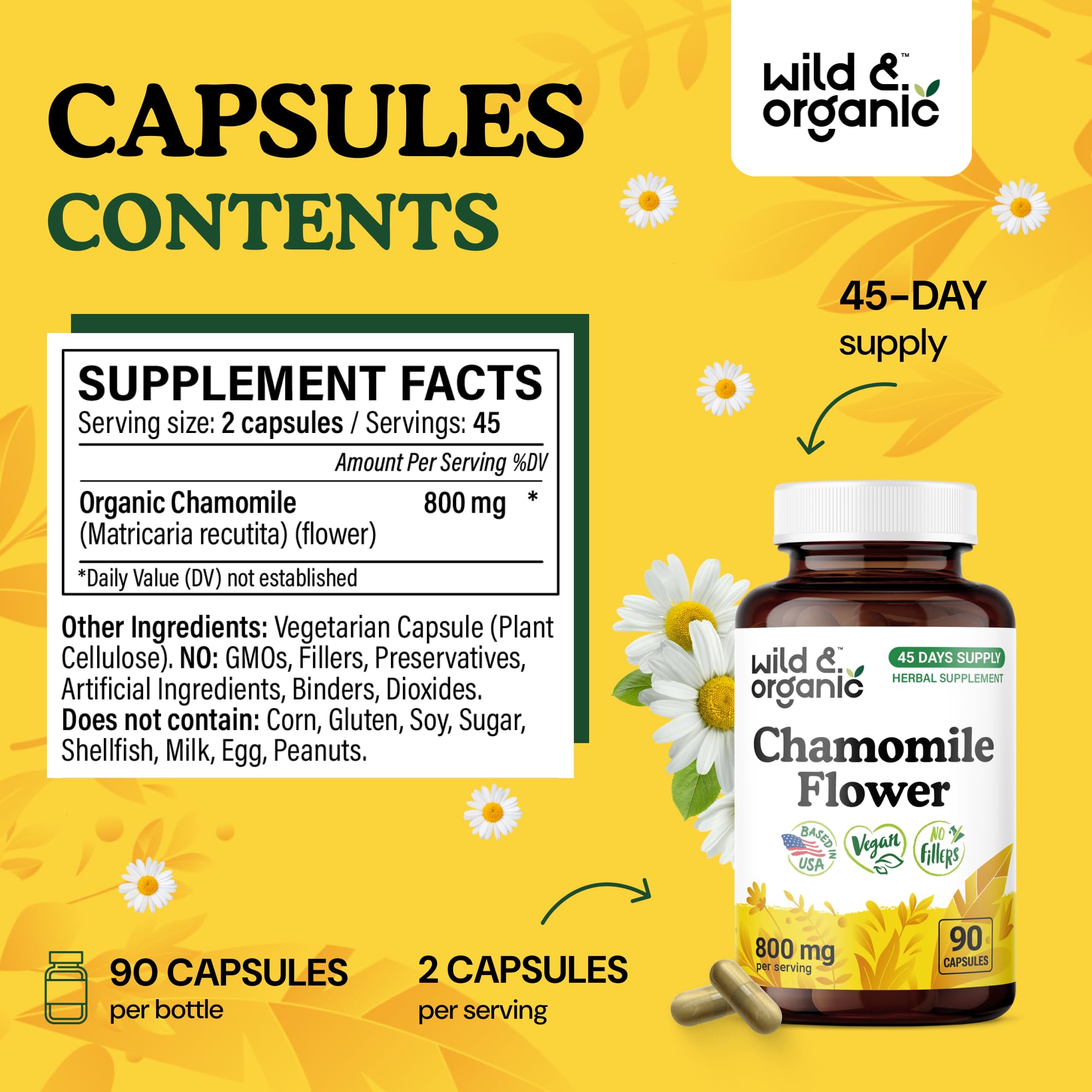 Wild & Organic Chamomile Capsules 800 mg – Relaxation & Digestive Support (90 Count)
