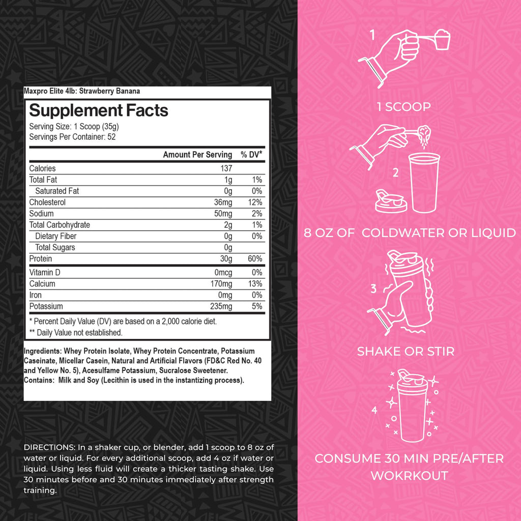 Max Muscle MaxPro Elite Whey Protein Powder – 30g Protein, 0g Sugar, 6.6g BCAAs, Strawberry Banana (4lb)