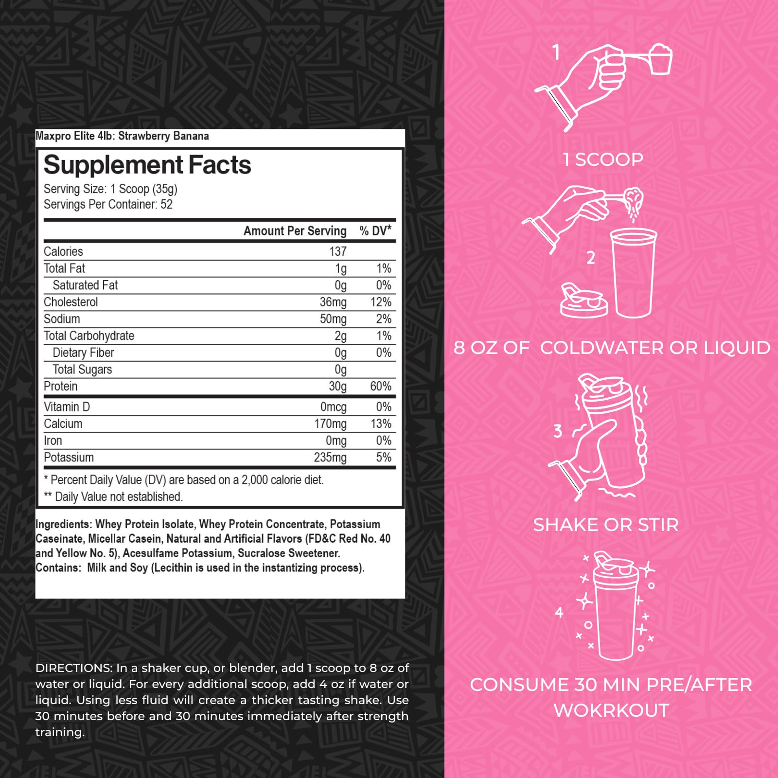 Max Muscle MaxPro Elite Whey Protein Powder – 30g Protein, 0g Sugar, 6.6g BCAAs, Strawberry Banana (4lb)