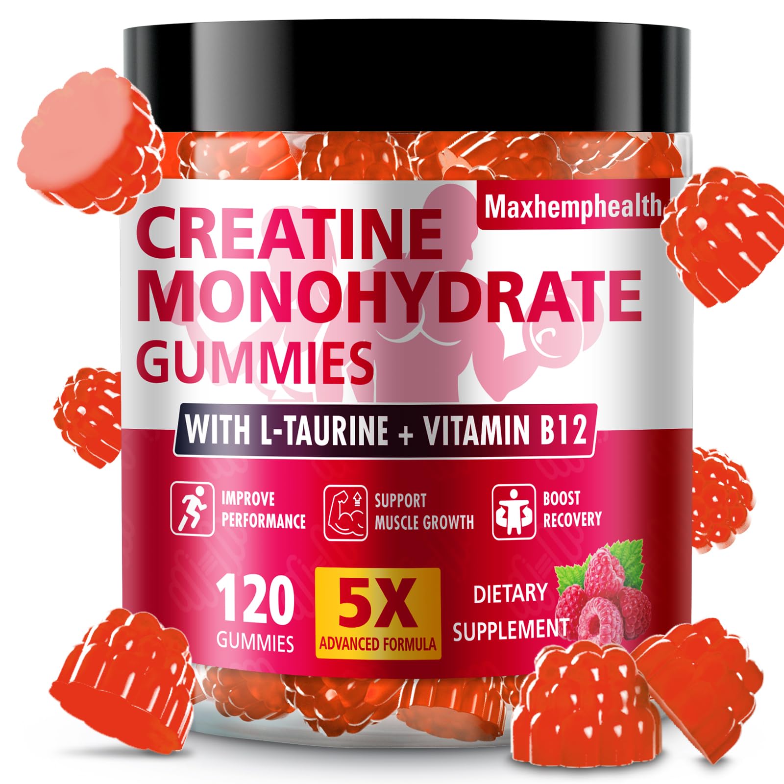 Maxhemphealth Creatine Monohydrate Gummies – Pre-Workout, Raspberry, 120 Count