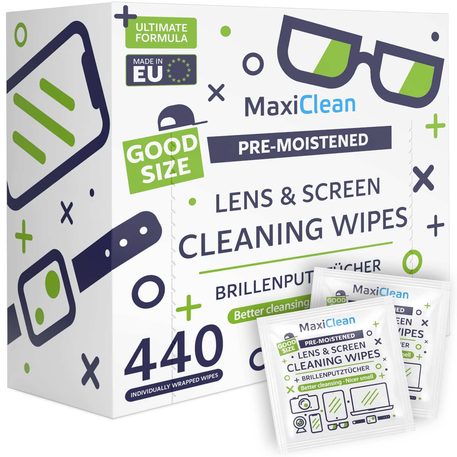 MAXI CLEAN 440 Pack Lens Wipes – Pre-Moistened Eyeglasses & Screens Cleaner