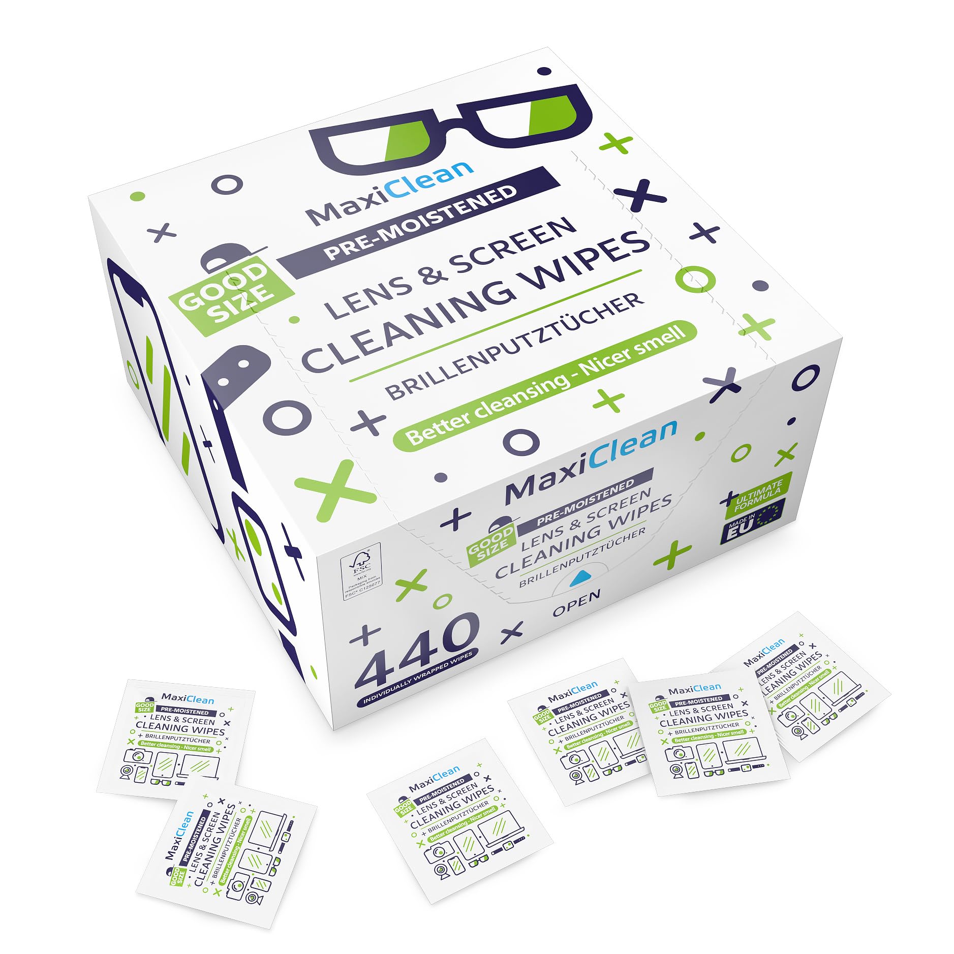 MAXI CLEAN 440 Pack Lens Wipes – Pre-Moistened Eyeglasses & Screens Cleaner