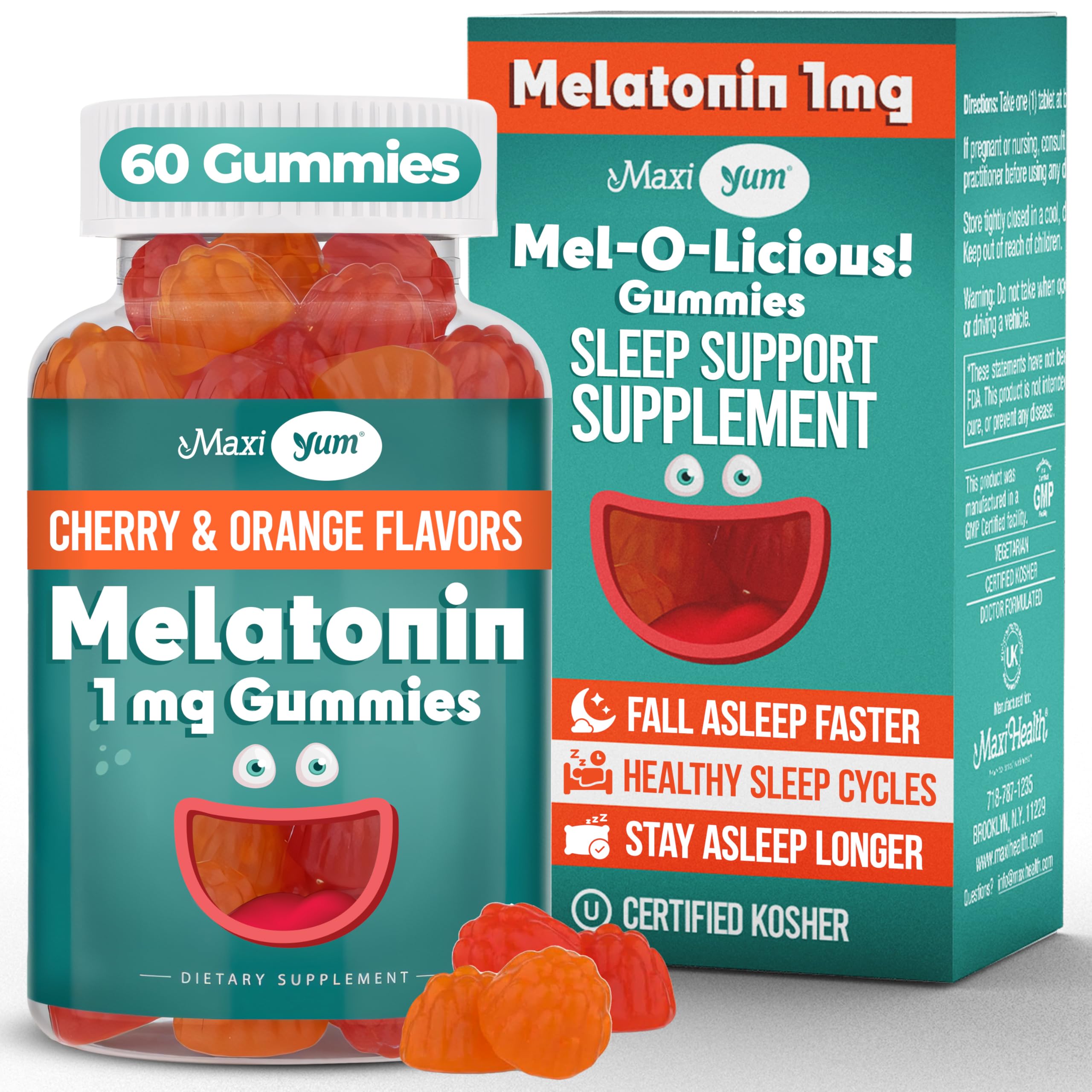 Maxi Health 1mg Melatonin Gummies – Kids Sleep Aid with Cherry & Orange Flavor (60 Count)