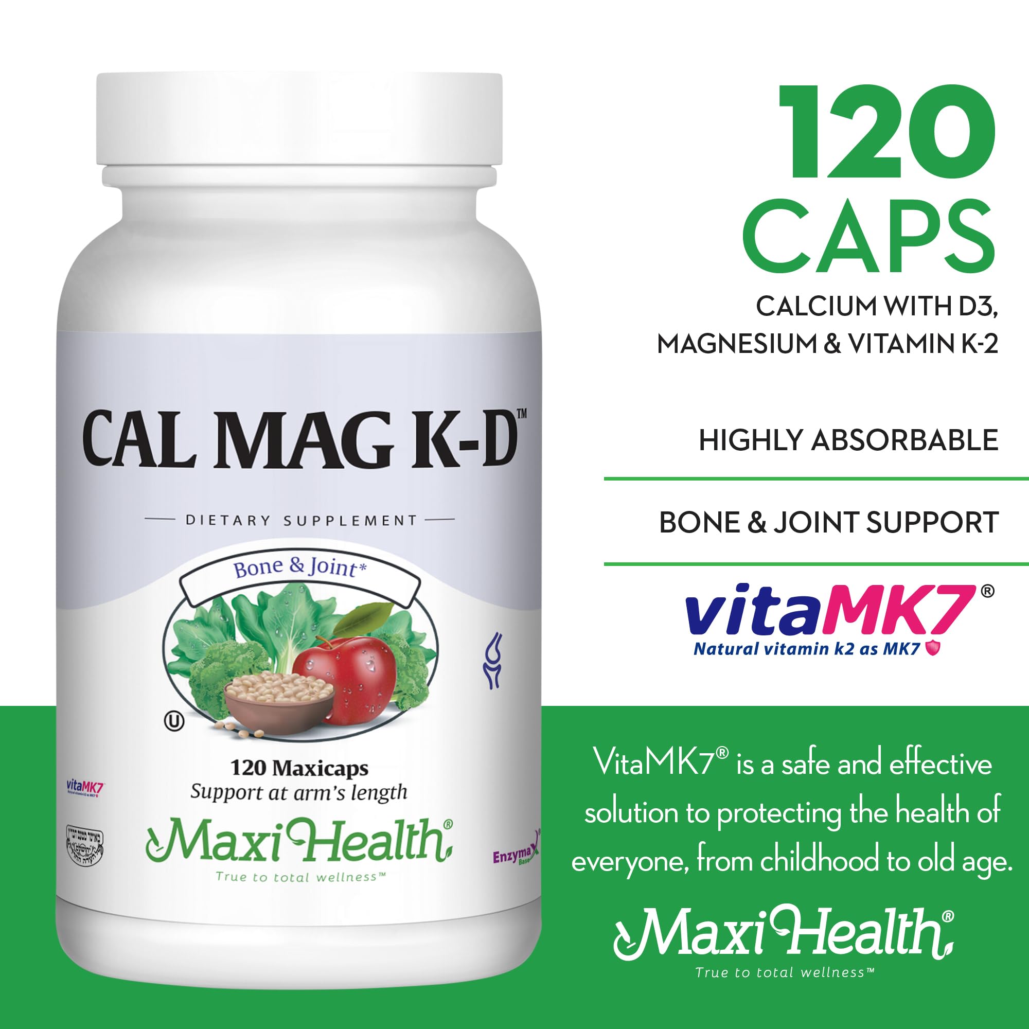 Maxi Health Calcium Magnesium Vitamin D3 K2 - Bone & Joint Support (120 Caps)