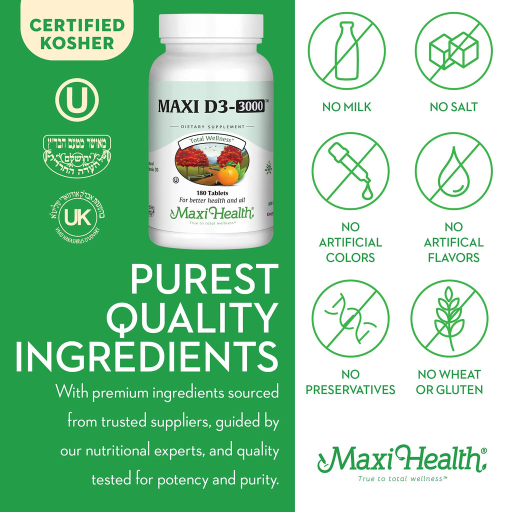 Maxi Health Vitamin D3 3000 IU (75 mcg) – 180 Tablets | Kosher, Non-GMO