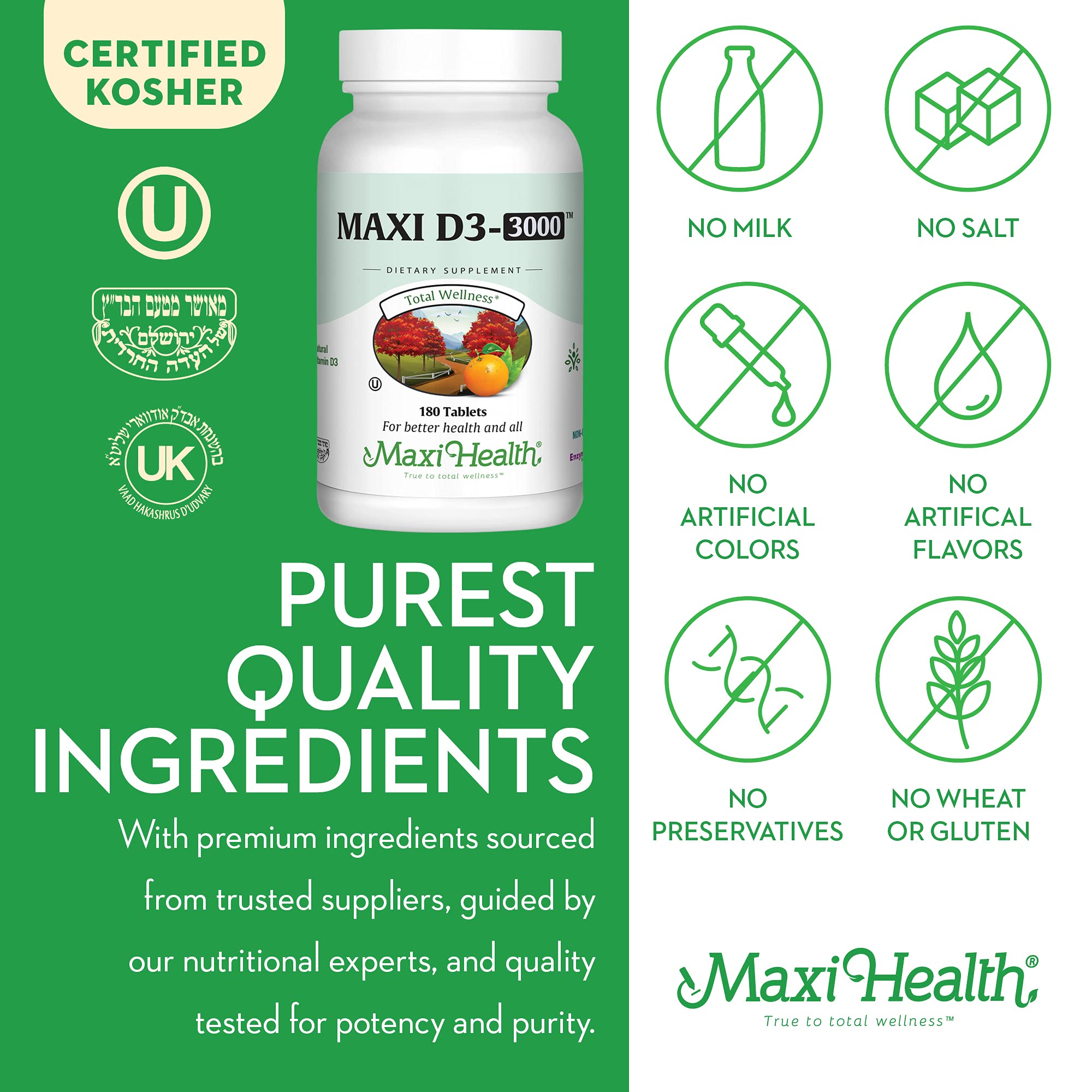 Maxi Health Vitamin D3 3000 IU (75 mcg) – 180 Tablets | Kosher, Non-GMO