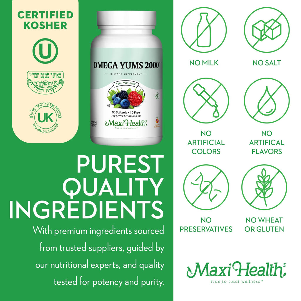 Maxi Health Fish Oil 2000mg – Omega-3 EPA/DHA Supplement for Adults & Kids | Fruity Burst | Kosher | 100 Softgels