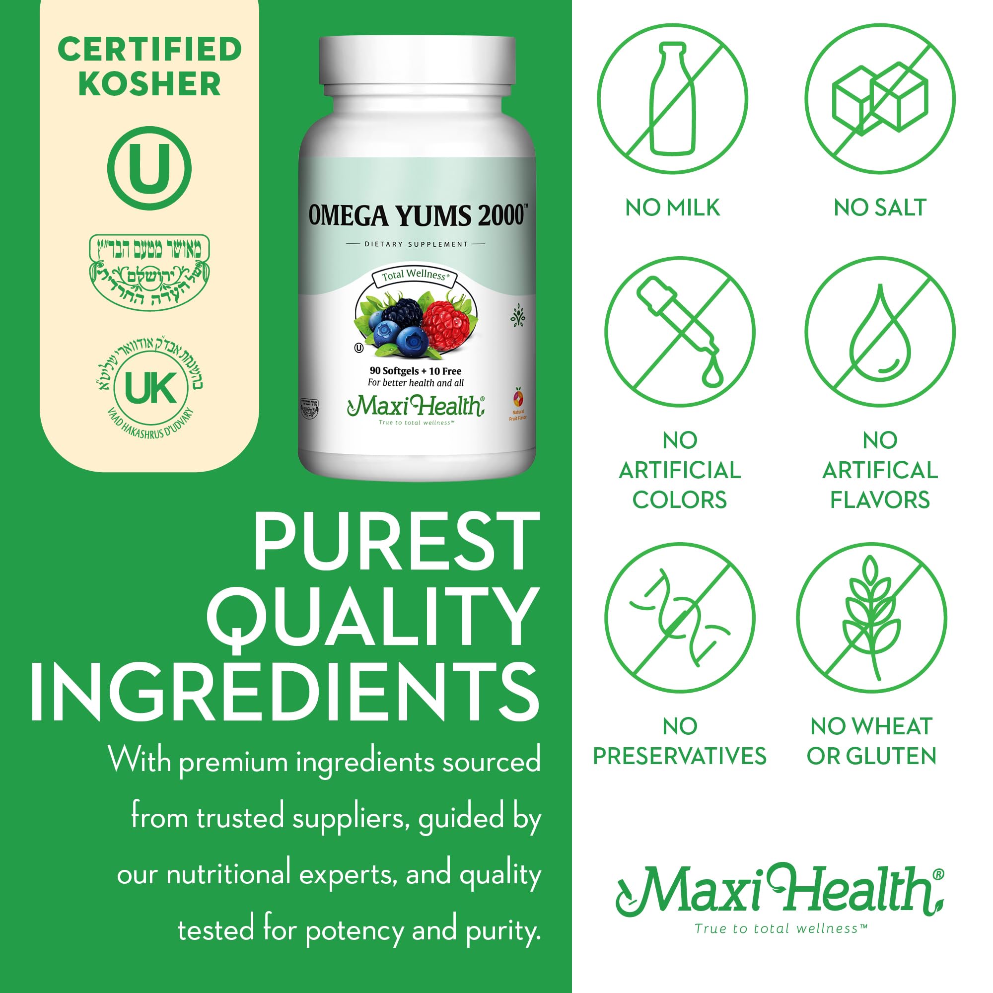 Maxi Health Fish Oil 2000mg – Omega-3 EPA/DHA Supplement for Adults & Kids | Fruity Burst | Kosher | 100 Softgels