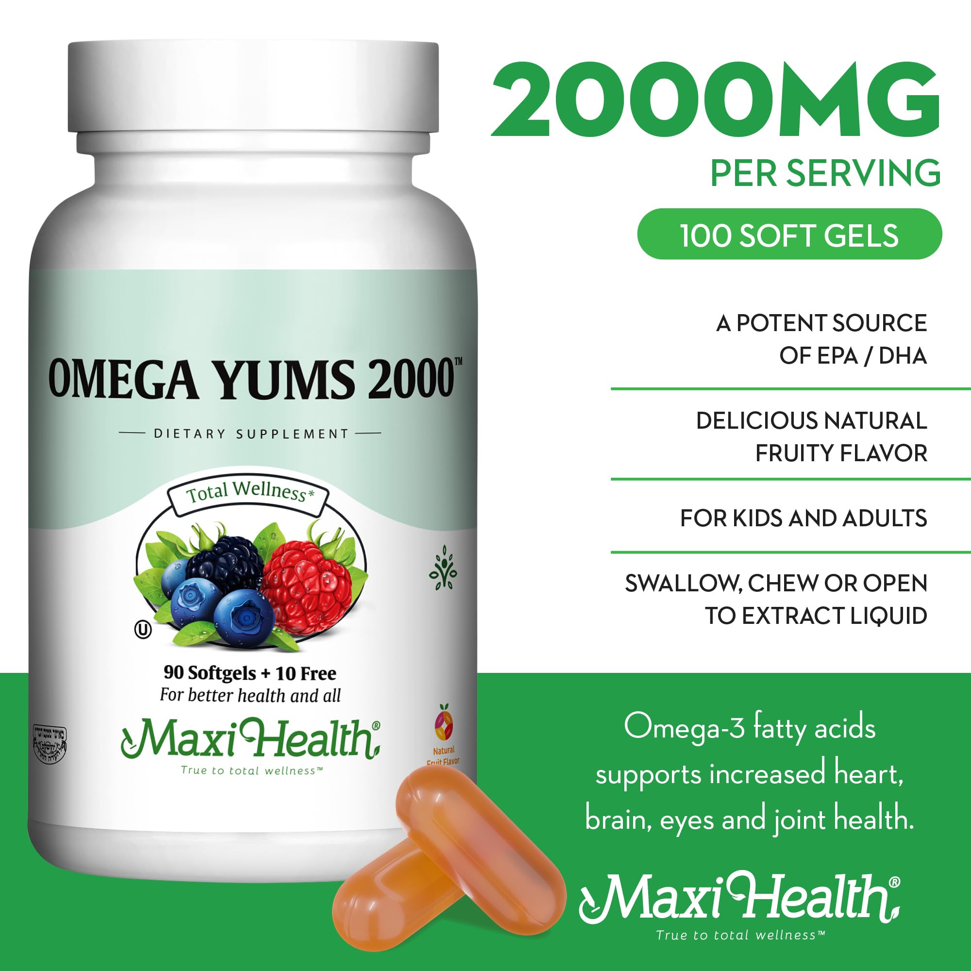 Maxi Health Fish Oil 2000mg – Omega-3 EPA/DHA Supplement for Adults & Kids | Fruity Burst | Kosher | 100 Softgels