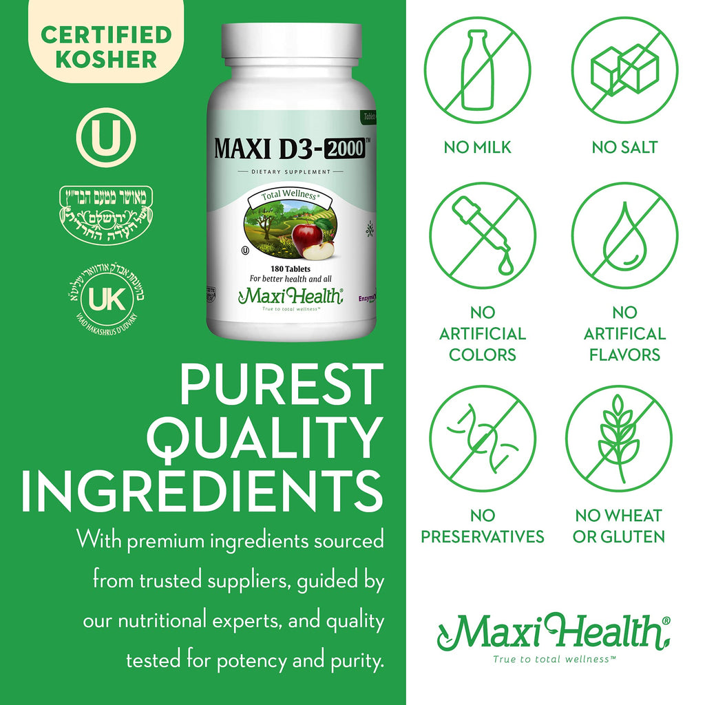 Maxi Health Vitamin D3 2000IU Kosher | 180 Tablets | Immune & Bone Support
