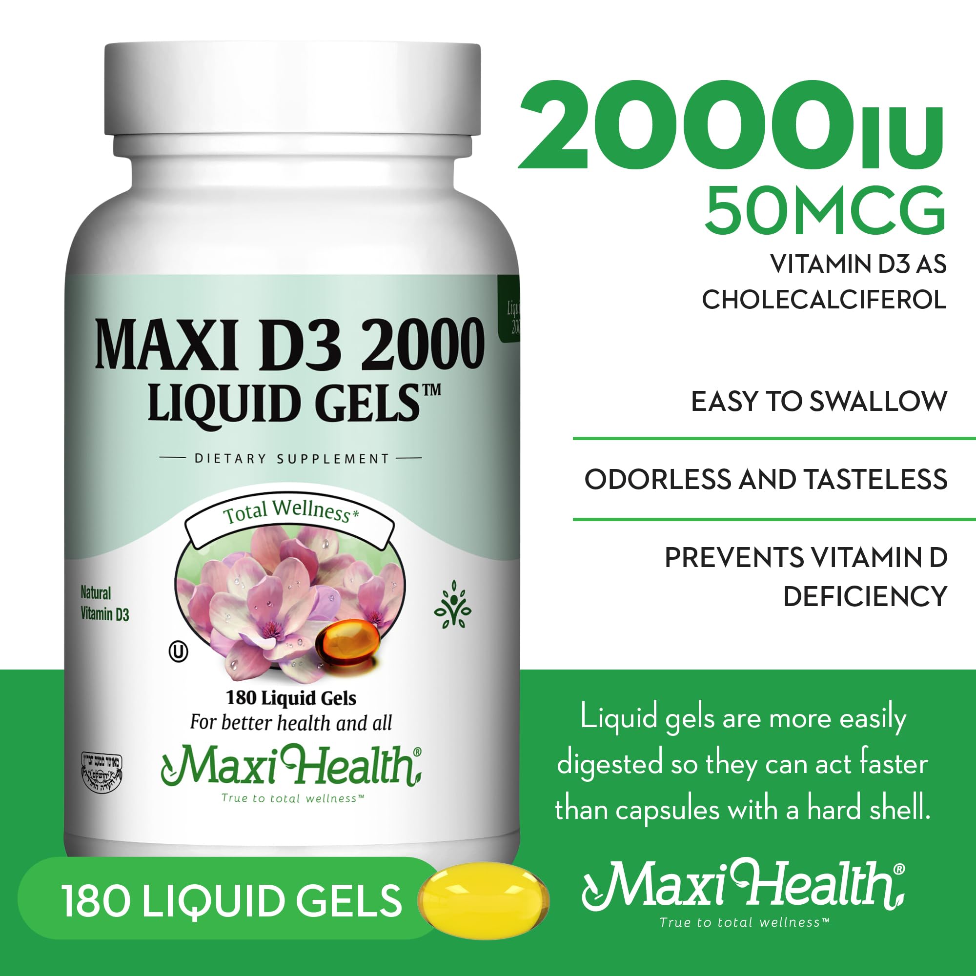 Maxi Health Kosher Vitamin D3 2000IU - 180 Liquid Gel | Immune Support & Bone Health