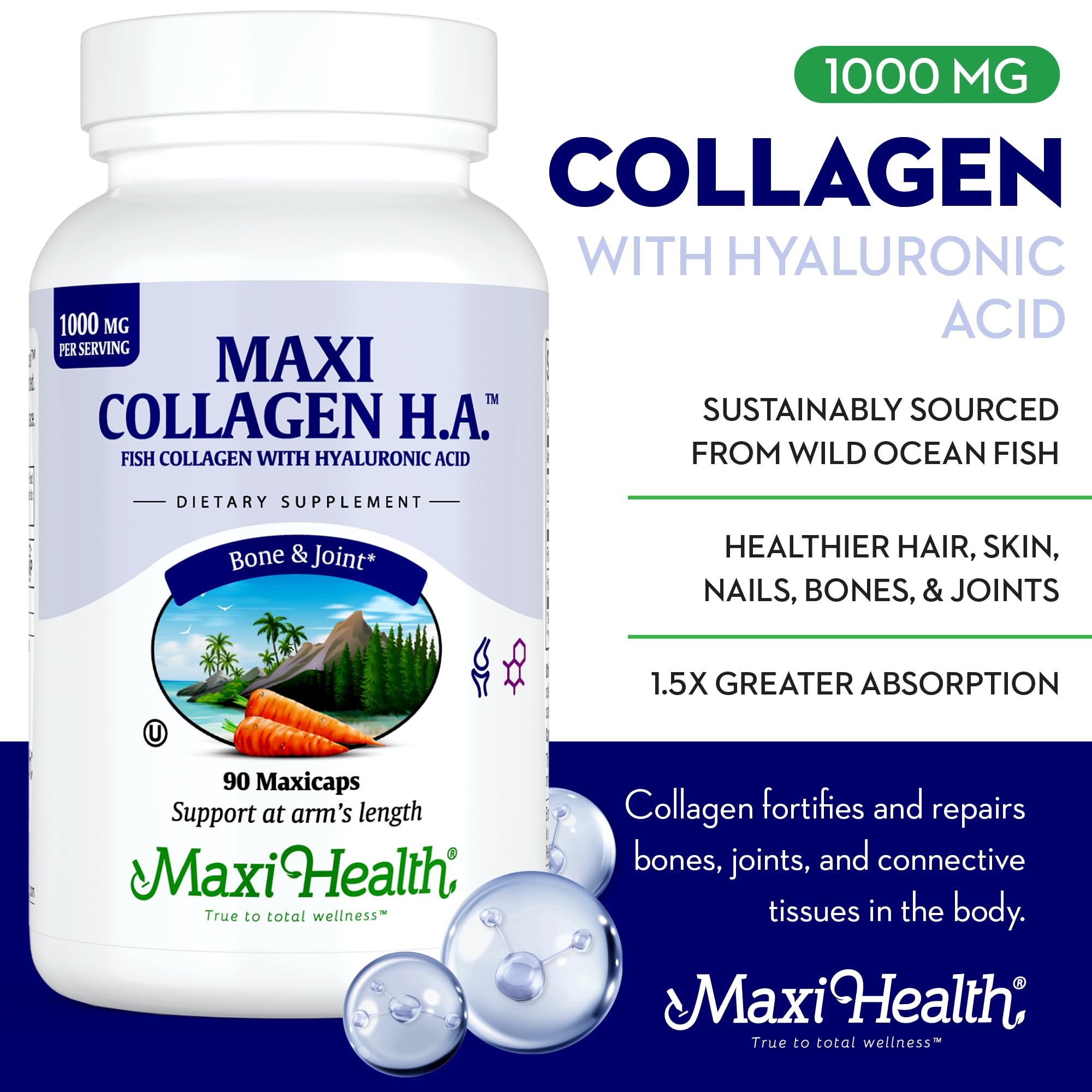 Maxi Health Marine Collagen Pills – 1000 mg Type 1 Collagen + Hyaluronic Acid (90 Maxicaps)