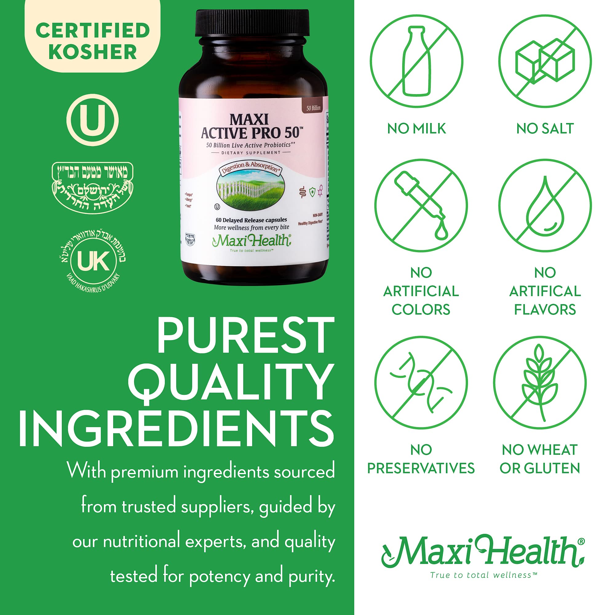Maxi Health Probiotic Plus Ultimate Prebiotic - 50B Live Probiotics, 15 Strains, Ultra Protection | 60 Count