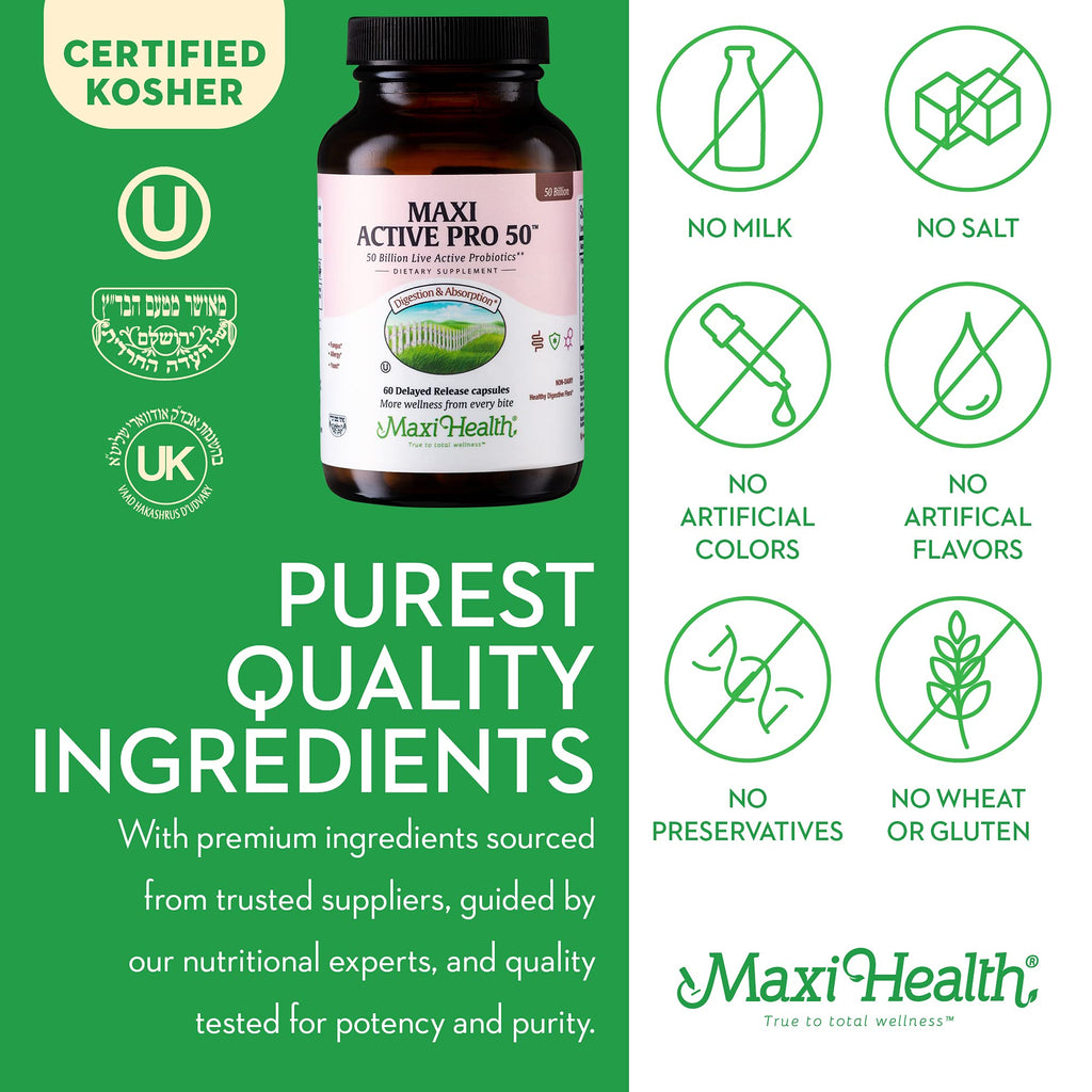Maxi Health Probiotic Plus Ultimate Prebiotic - 50B Live Probiotics, 15 Strains, Ultra Protection | 60 Count