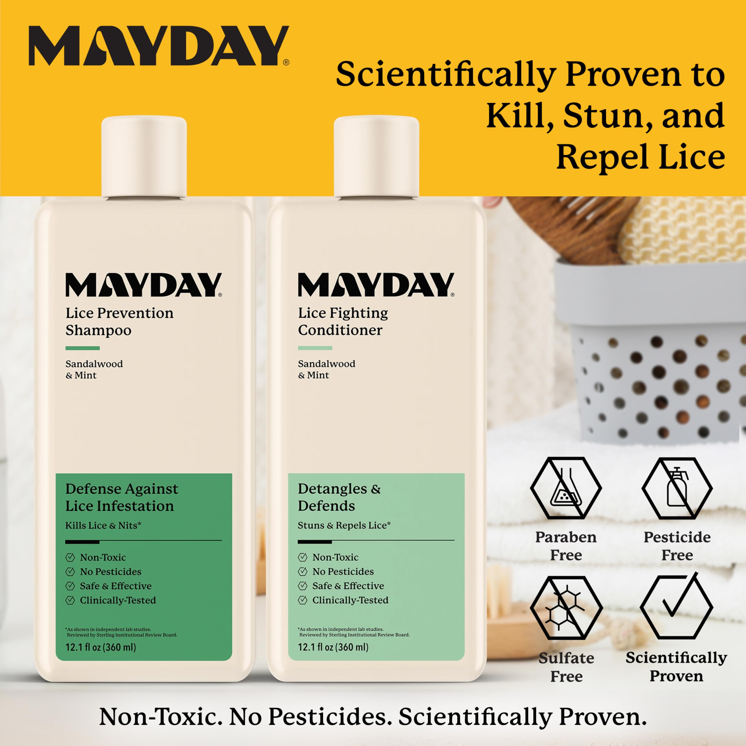 MAYDAY Daily Lice Routine Bundle – Non-Toxic 12oz Shampoo & 12oz Conditioner | Sandalwood & Mint