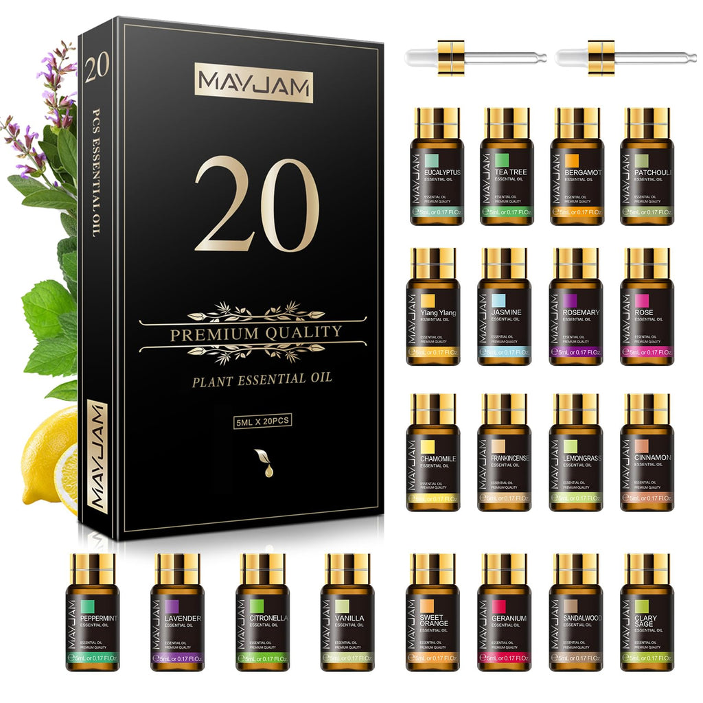 MAYJAM Essential Oil Gift Set – 20x5ml Pure Oils for Diffusers, Massage, DIY Candles & Soaps