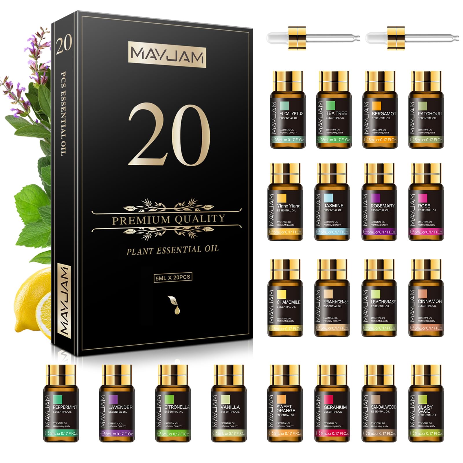 MAYJAM Essential Oil Gift Set – 20x5ml Pure Oils for Diffusers, Massage, DIY Candles & Soaps