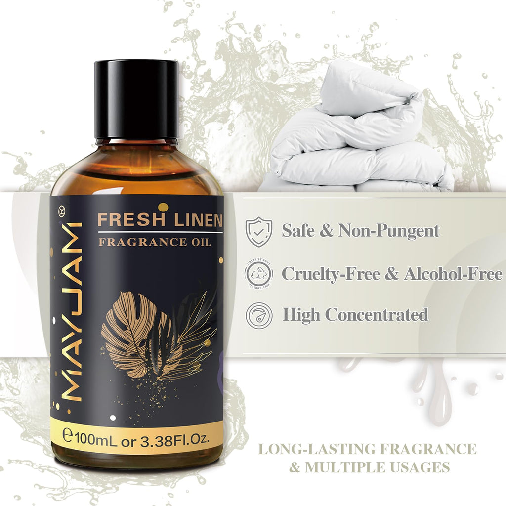 MAYJAM Fresh Linen Fragrance Oil 100ml – Glass Dropper, Diffuser Essential Oil for Home | Long-Lasting Scent for Diffusers, Soap & Candle Making