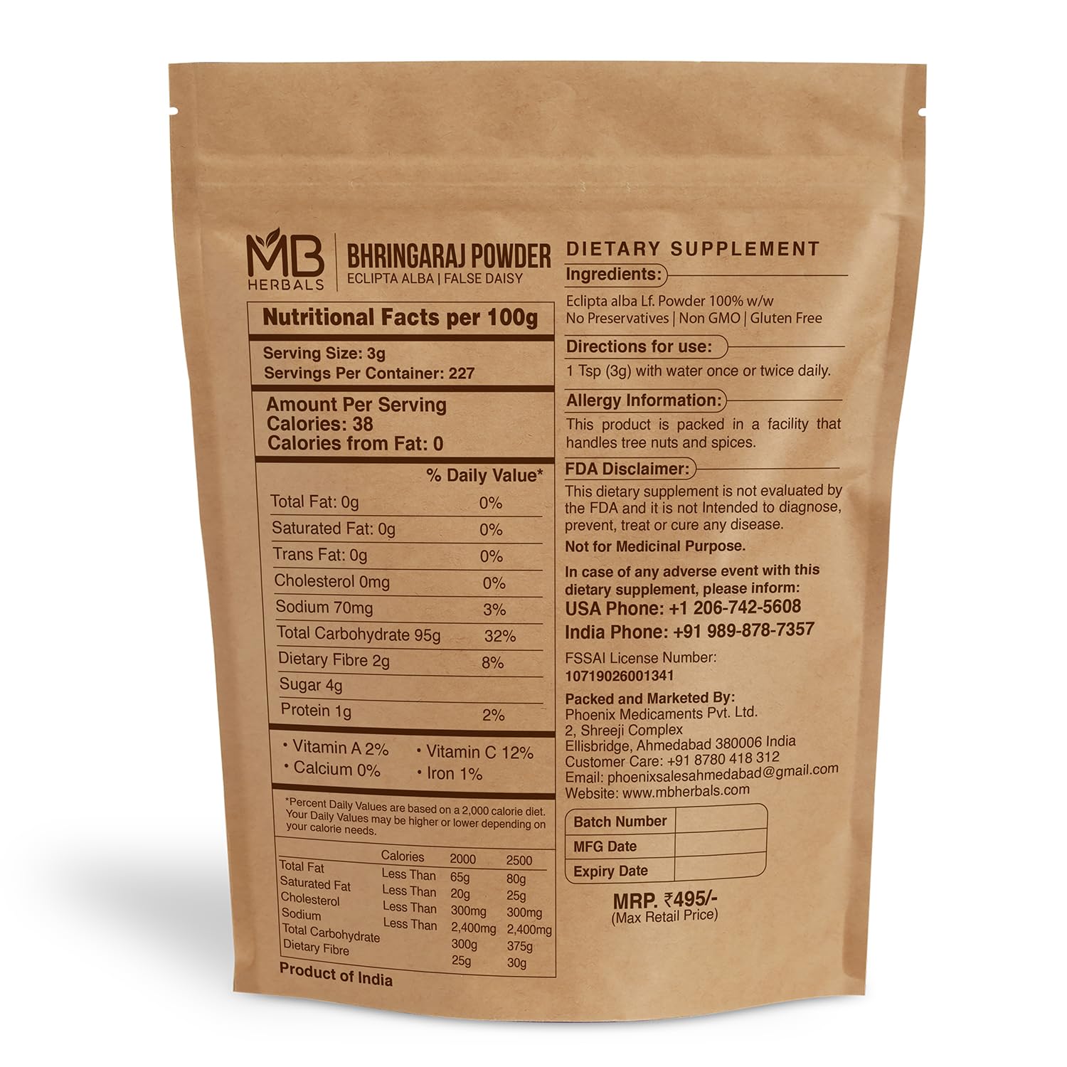 MB Herbals Pure Bhringraj Powder 454g (16 oz) | 100% Pure Bhringaraj for Hair Care