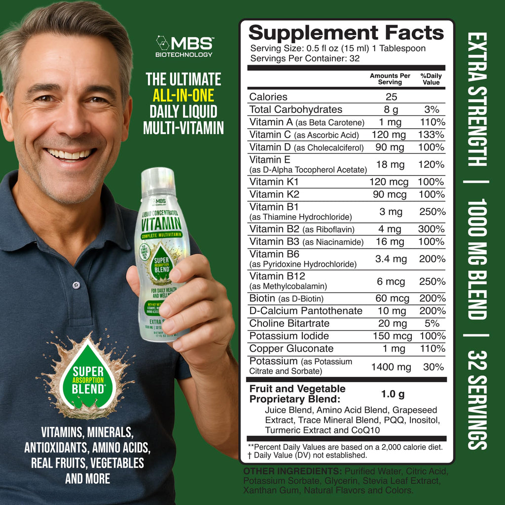 MBS Biotechnology Liquid Multivitamin for Adults – Complete High-Absorption Daily Vitamin with Superfoods, CoQ10, B-Complex, Turmeric & PQQ – Berry Flavor, 17 oz