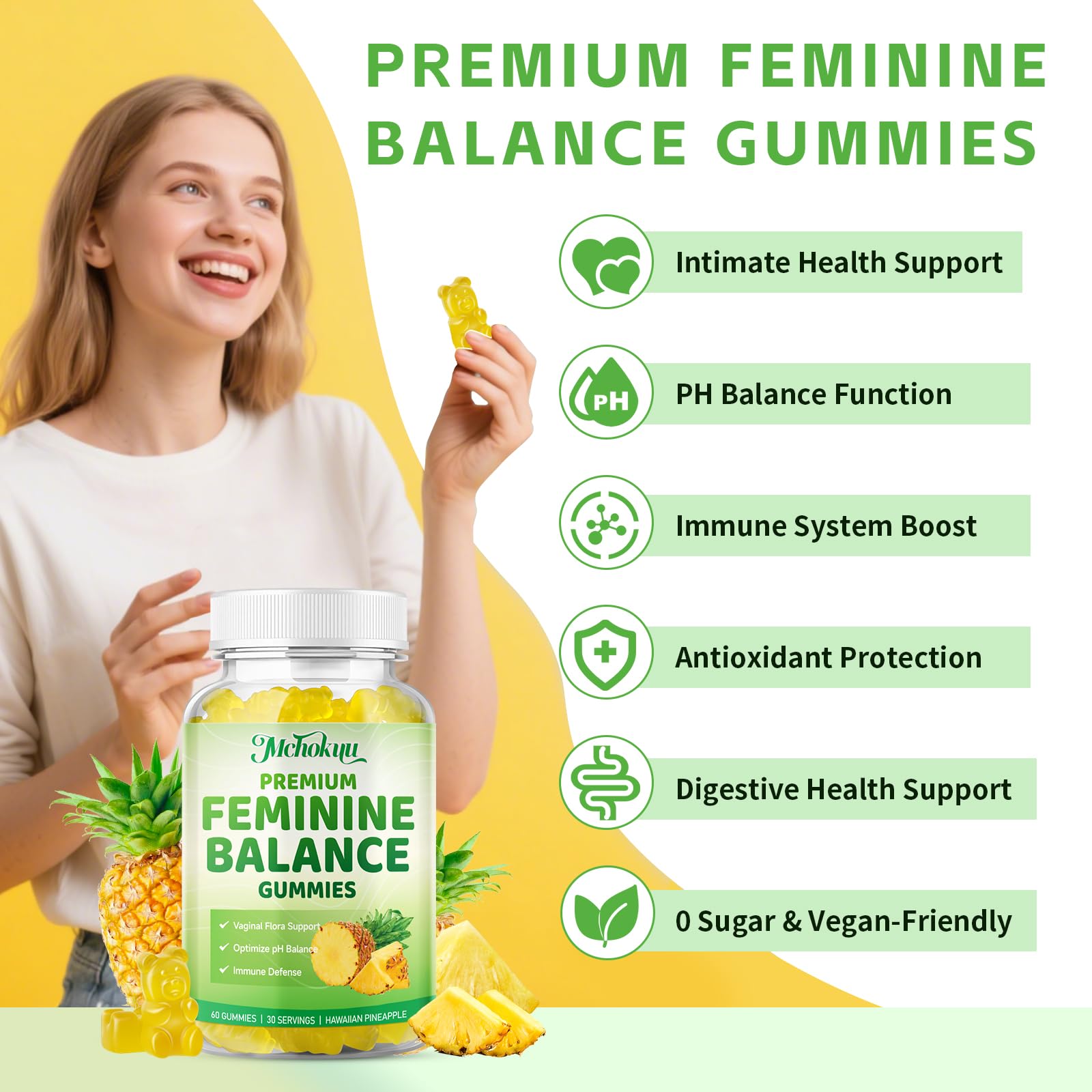 Mchokuu Premium Feminine Balance Gummies - pH Balance & Immune Support, 120 Gummies