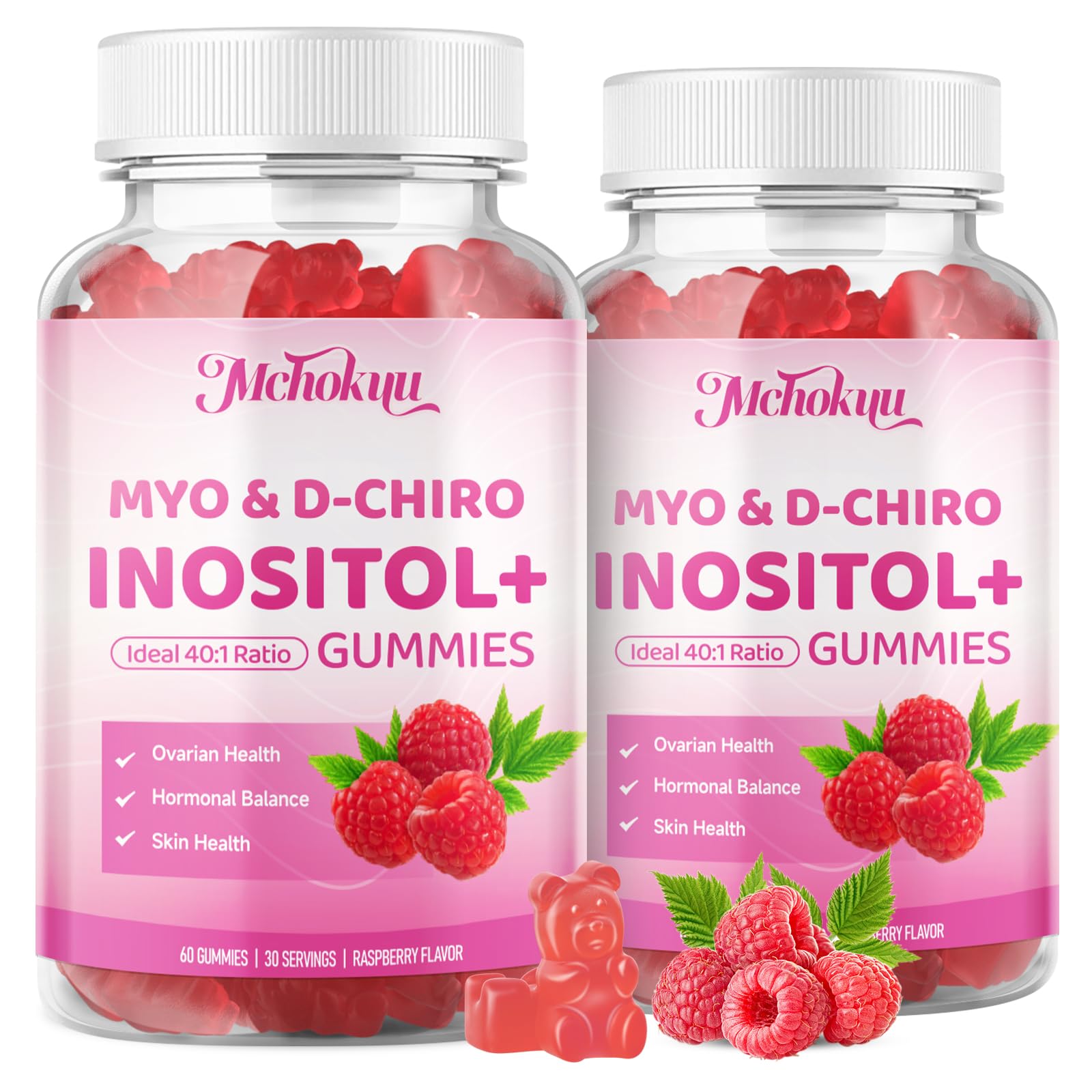 Myo-Inositol & D-Chiro Inositol Gummies 40:1 – 2000mg/50mg + Vitamin D3 & B12, Sugar Free Raspberry, 120 Count