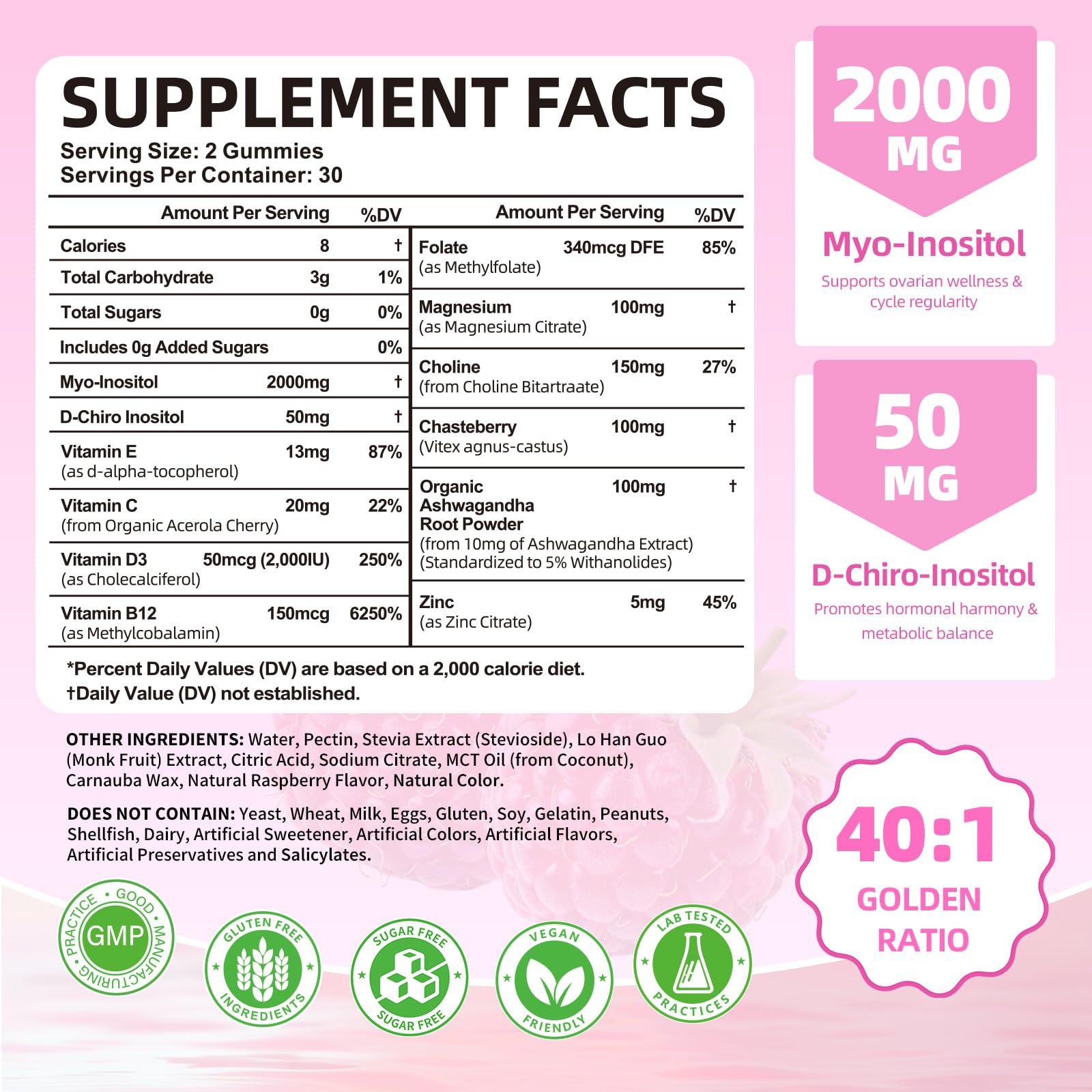 Myo-Inositol & D-Chiro Inositol Gummies 40:1 – 2000mg/50mg + Vitamin D3 & B12, Sugar Free Raspberry, 120 Count