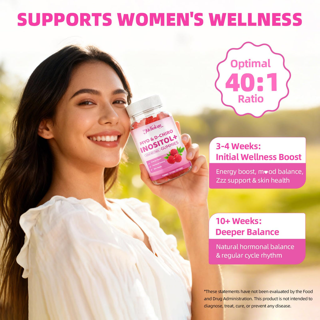 Myo-Inositol & D-Chiro Inositol Gummies 40:1 – 2000mg/50mg + Vitamin D3 & B12, Sugar Free Raspberry, 120 Count