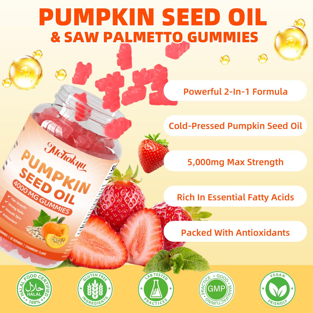 Mchokuu Pumpkin Seed Oil Gummies with Saw Palmetto – Hair & Skin Health, Strawberry, 60ct