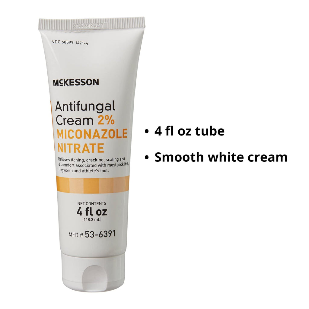 McKesson Antifungal Cream 2% Miconazole Nitrate — Fast Itch Relief for Athlete's Foot, Jock Itch, Ringworm (4 oz Tube, 12 Count)