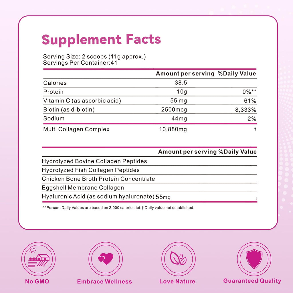 Mclovefy Multi Collagen Peptides Powder 16oz - Unflavored, 11g per Serving with Hyaluronic Acid, Vitamin C & Biotin