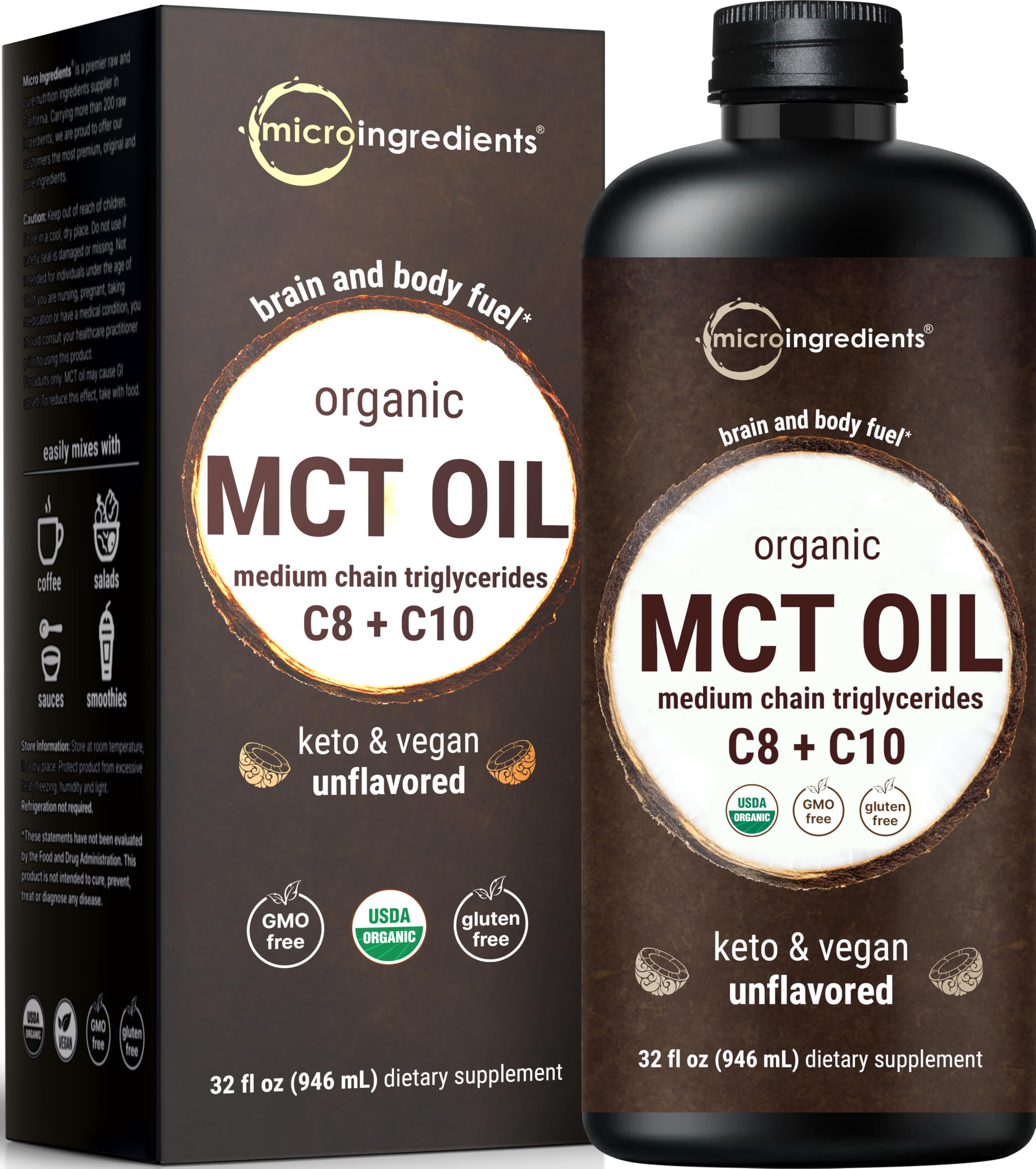 MCT Oil Organic, 32 fl oz – 100% Virgin Coconut Oil with C8 & C10 Fatty Acids | Unflavored, Keto, Vegan