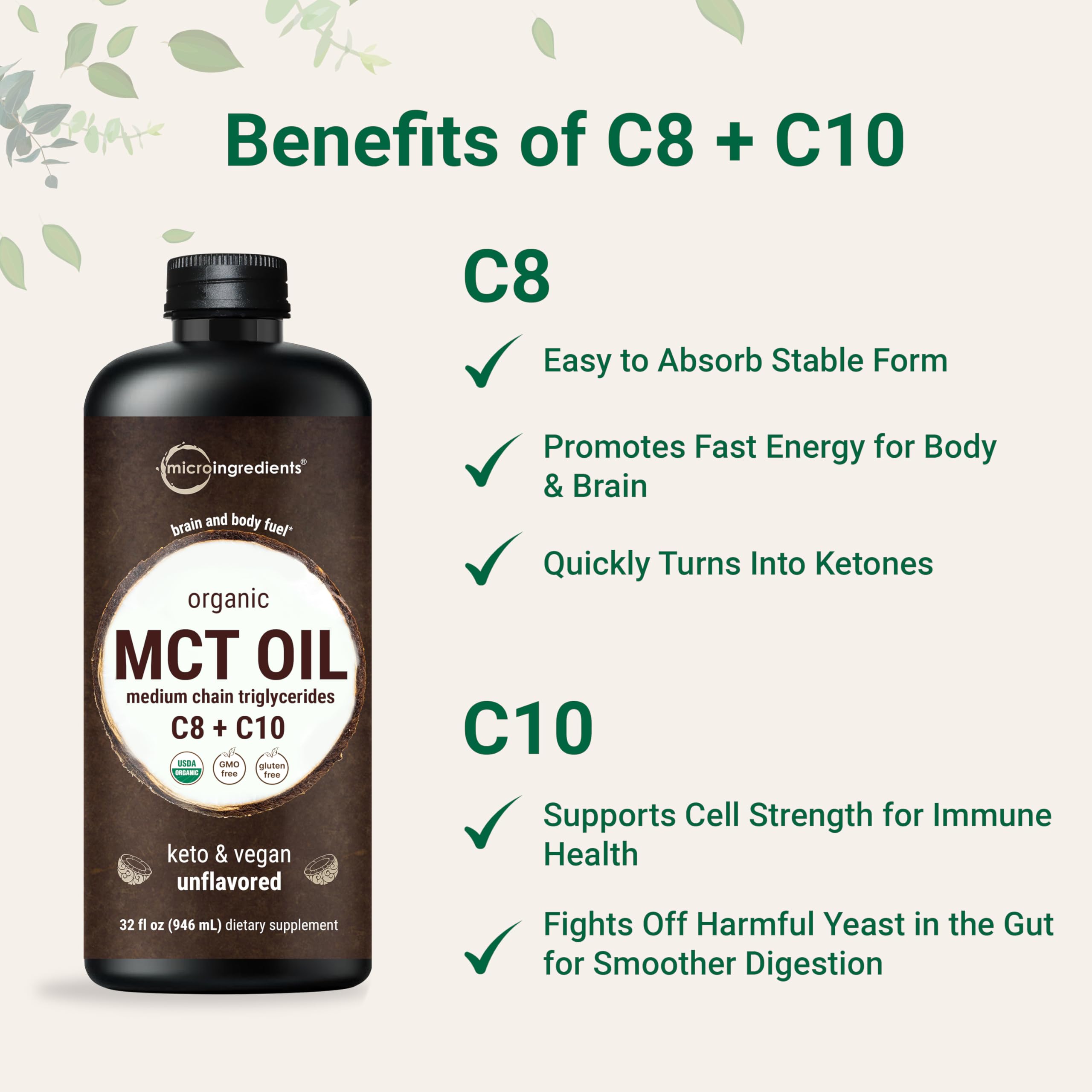 MCT Oil Organic, 32 fl oz – 100% Virgin Coconut Oil with C8 & C10 Fatty Acids | Unflavored, Keto, Vegan