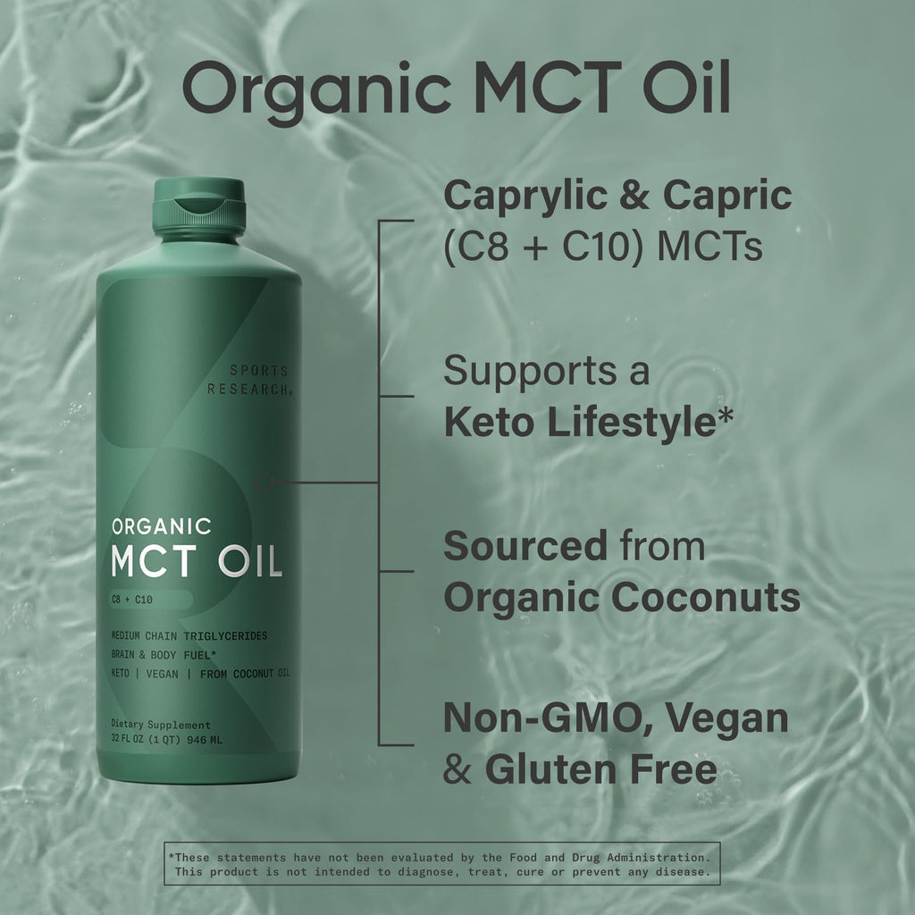 Sports Research Organic MCT Oil - Keto & Vegan MCTs C8, C10 from Coconuts - Fatty Acid Brain & Body Fuel, Non-GMO & Gluten Free - Flavorless Oil, Perfect in Coffee, Tea & Protein Shakes - 32 oz