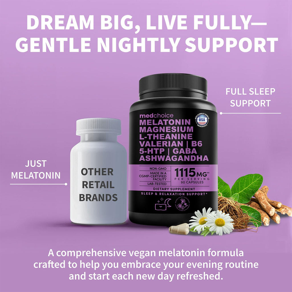 MEDCHOICE 12-in-1 Melatonin Sleep Capsules – Melatonin 5 mg + Magnesium Glycinate 500 mg (90 ct, Pack of 2)
