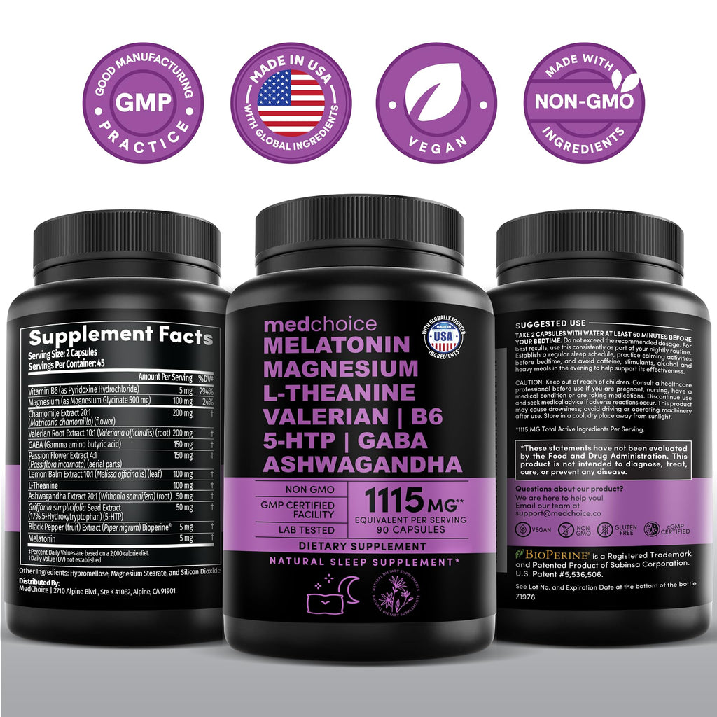 MEDCHOICE 12-in-1 Melatonin Sleep Capsules – 5mg Melatonin + Magnesium Glycinate 500mg (90ct, Pack of 4)