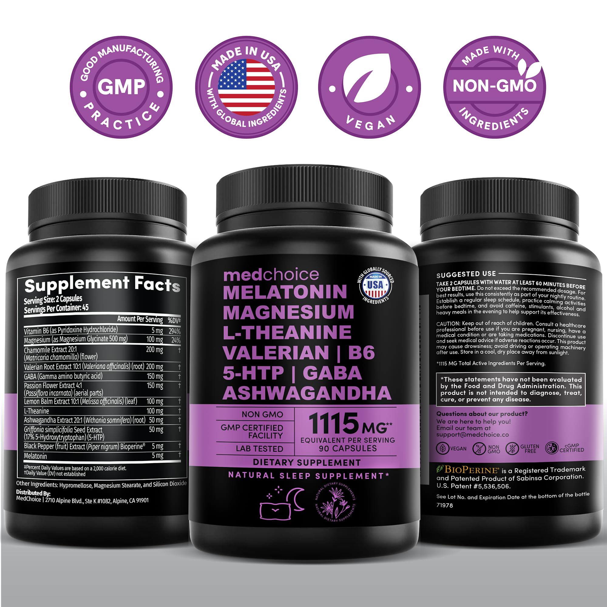 MEDCHOICE 12-in-1 Melatonin Sleep Capsules – 5mg Melatonin + Magnesium Glycinate 500mg (90ct, Pack of 4)