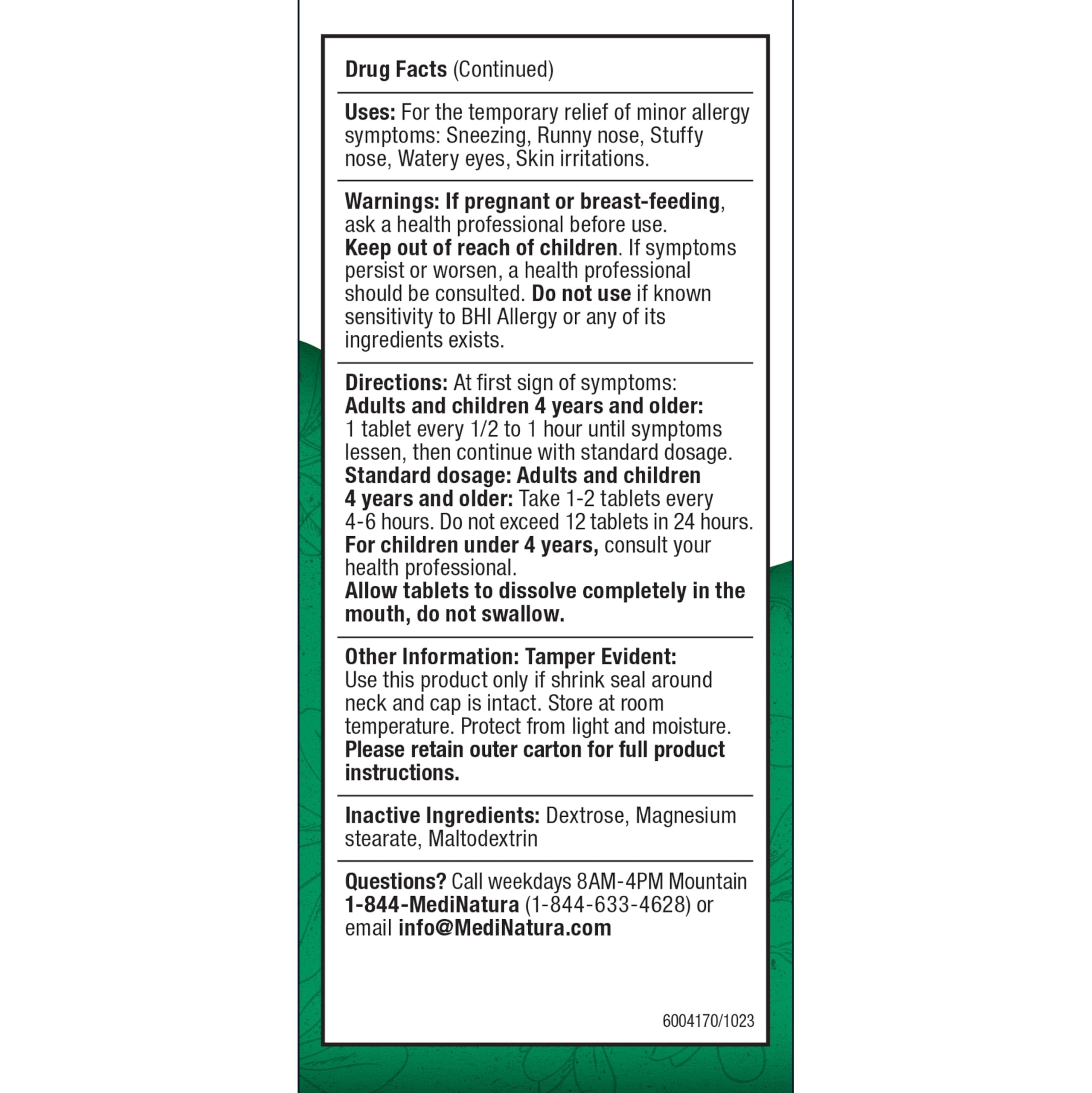 MediNatura BHI Allergy Relief – Natural Multi-Symptom, Non-Drowsy (100 Tablets)