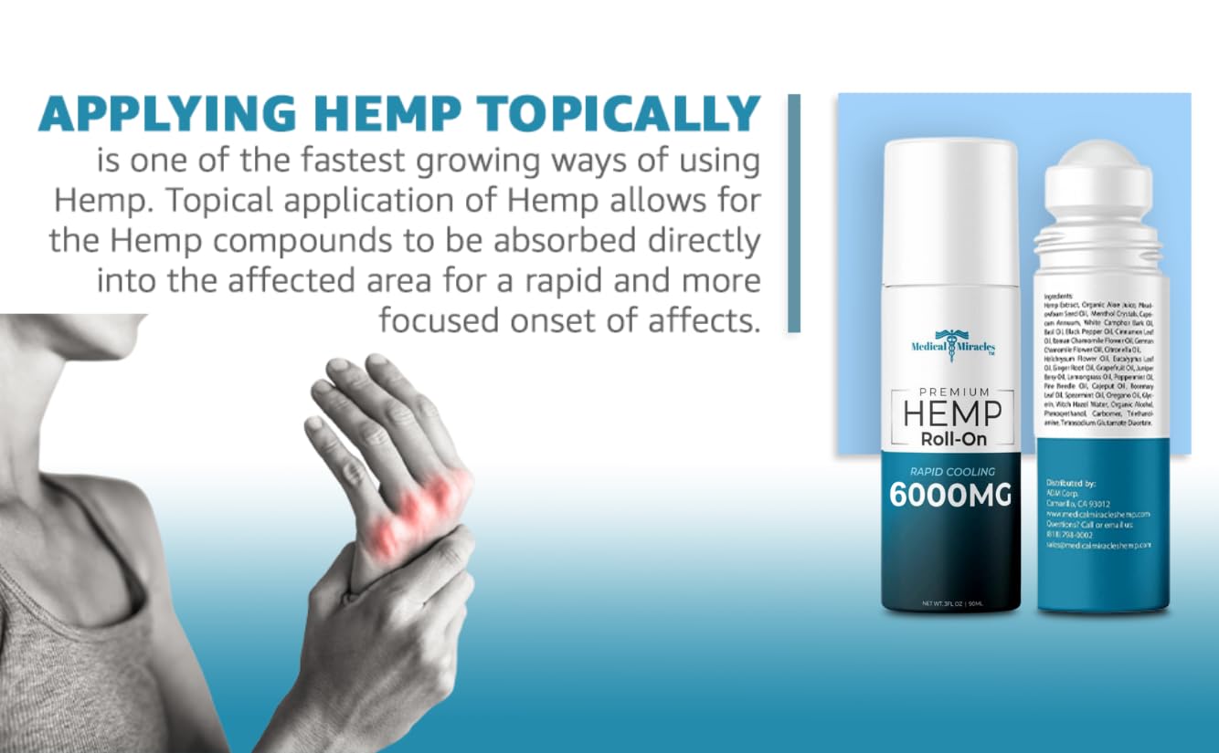 Medical Miracles Hemp Oil Roll On – 6000mg, Made in USA for Muscles, Joints & Mobility