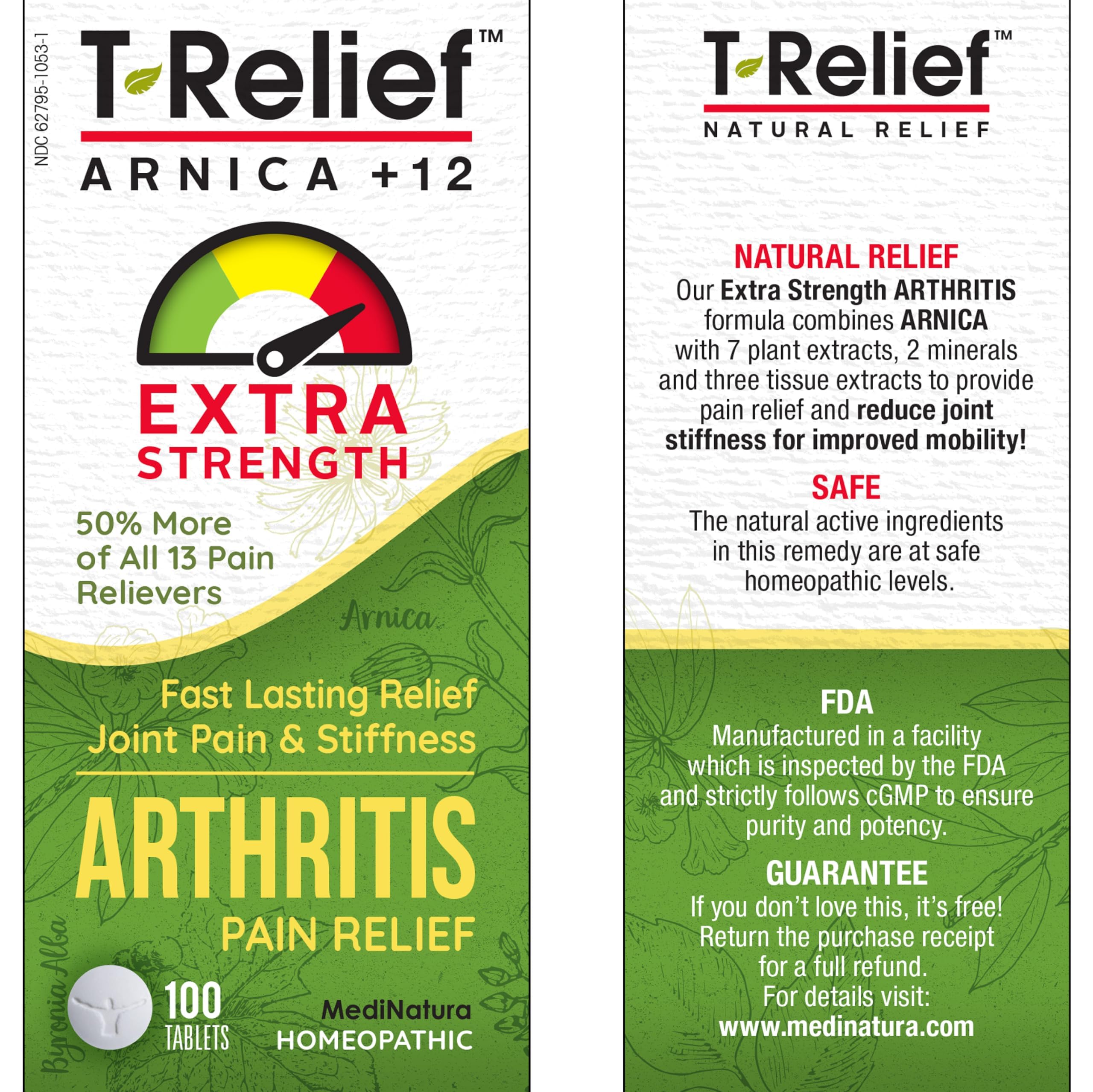 MediNatura T-Relief Extra Strength Arthritis Pain Reliever – Arnica +12 Natural Medicines | 100 Tablets