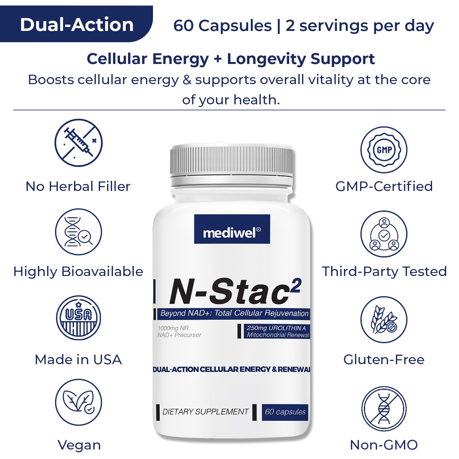 MEDIWEL N-Stac2 NAD+ Supplement – 1000mg NR + Urolithin A, 60 Capsules