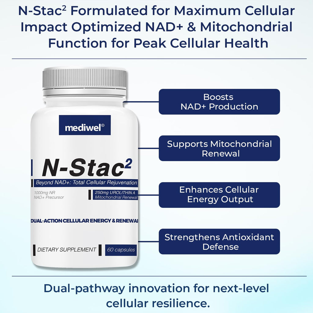 MEDIWEL N-Stac2 NAD+ Supplement – 1000mg NR + Urolithin A, 60 Capsules