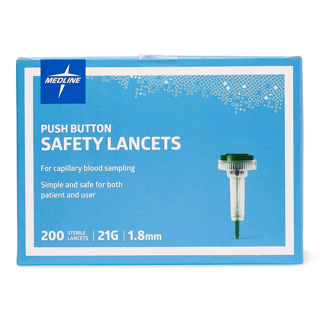 Medline Sterile Safety Lancets with Push-Button Activation, 21G x 1.8 mm – Box of 200