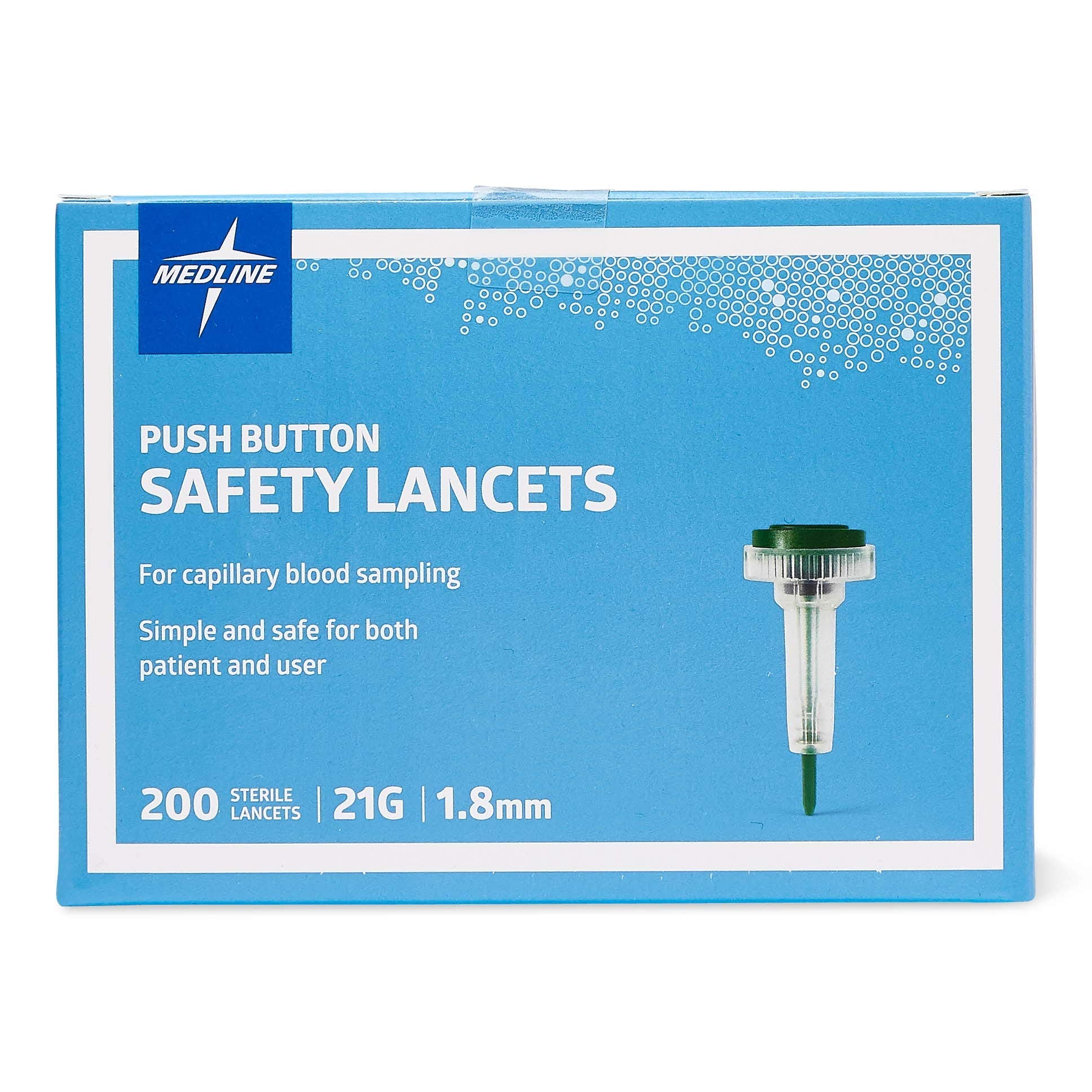 Medline Sterile Safety Lancets with Push-Button Activation, 21G x 1.8 mm – Box of 200