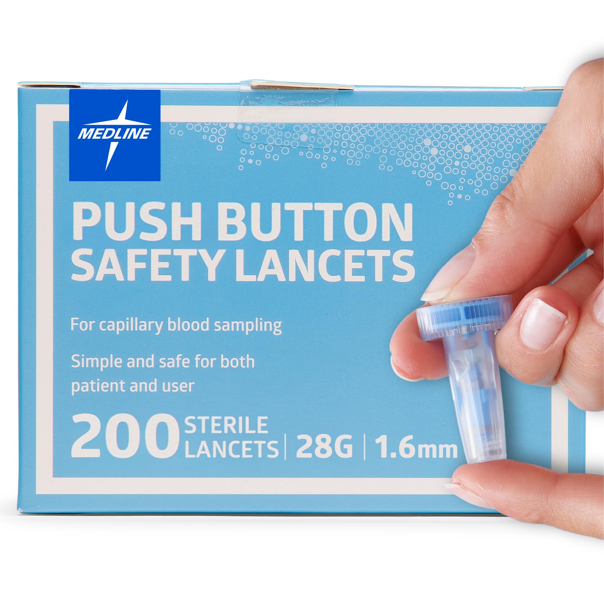 Medline Sterile Safety Lancets – Push-Button 28G x 1.6 mm, Box of 200