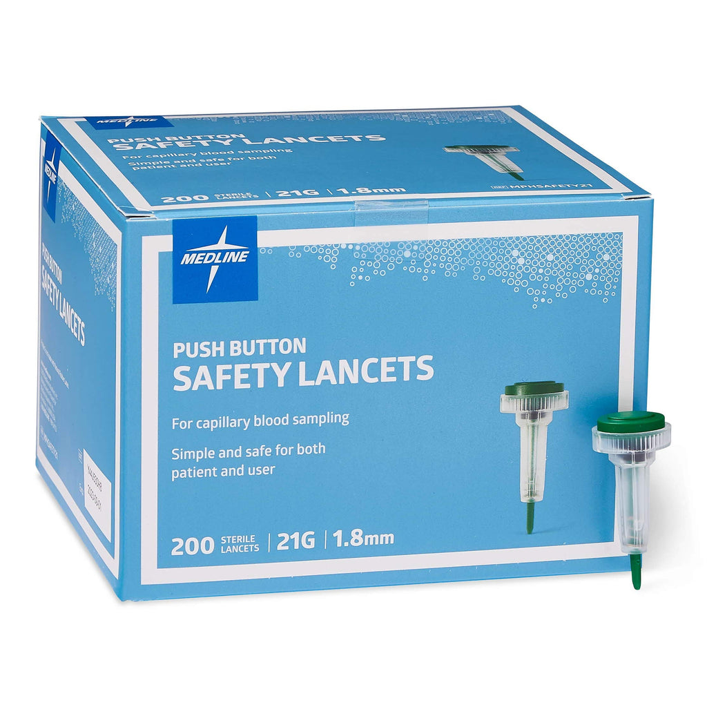 Medline Sterile Safety Lancets with Push-Button Activation, 21G x 1.8 mm – Box of 200